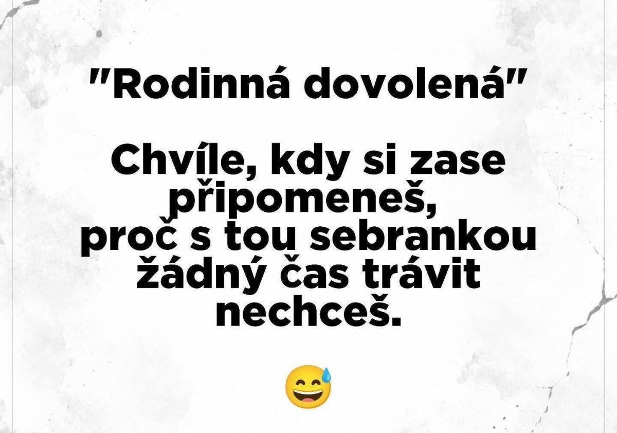 Vtipný citát o rodinnej dovolenke s humornou poznámkou a emotikonom s potiacim sa úsmevom.