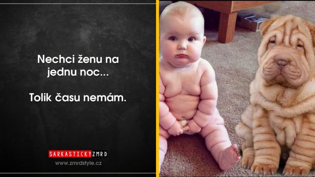 Bábätko a pes sedí vedľa seba so záhybmi na koži; vtipný kontrast a nápis v češtine.