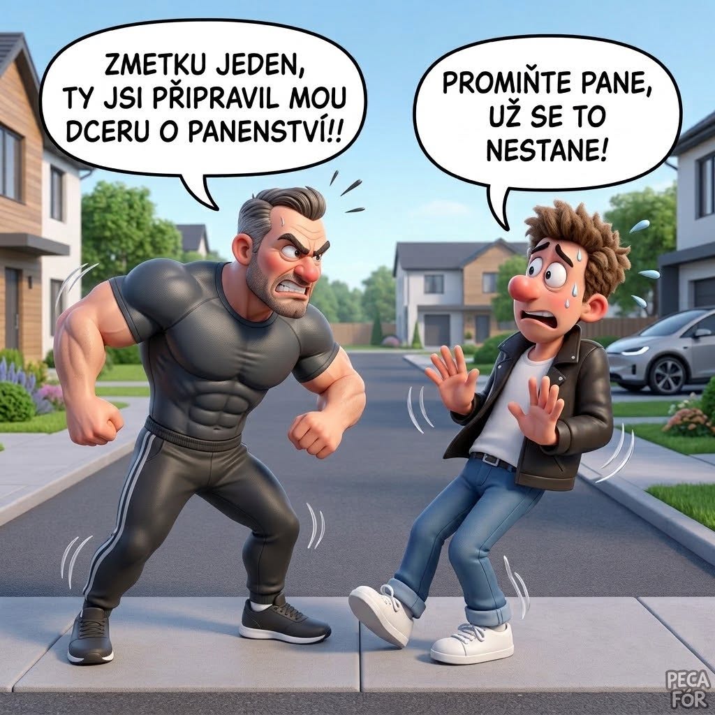 Kreslená scéna dvoch postáv, jedna nahnevaná a druhá ospravedlňujúca sa, v modernom sídlisku.