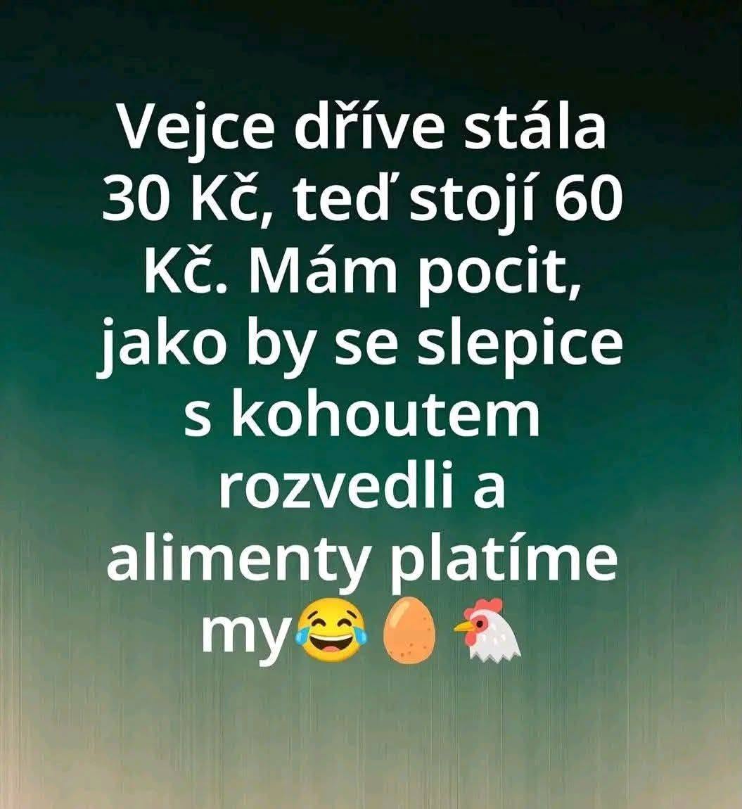 Vtipný text o zdražení vajec v Česku, kde cena stúpla zo 30 na 60 Kč a naznačuje vtipný dôvod tohto nárastu.