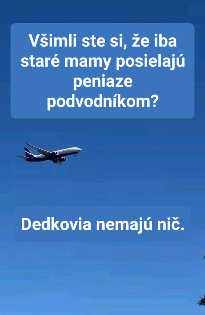 Lietadlo na modrej oblohe s textom o starých rodičoch a podvodoch, humoristický nadhľad.