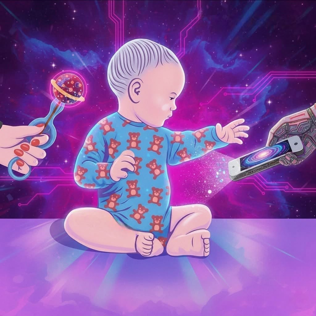 Dieťa v pyžame s medvedíkmi skúma technológiu a hrkálku v sci-fi prostredí.