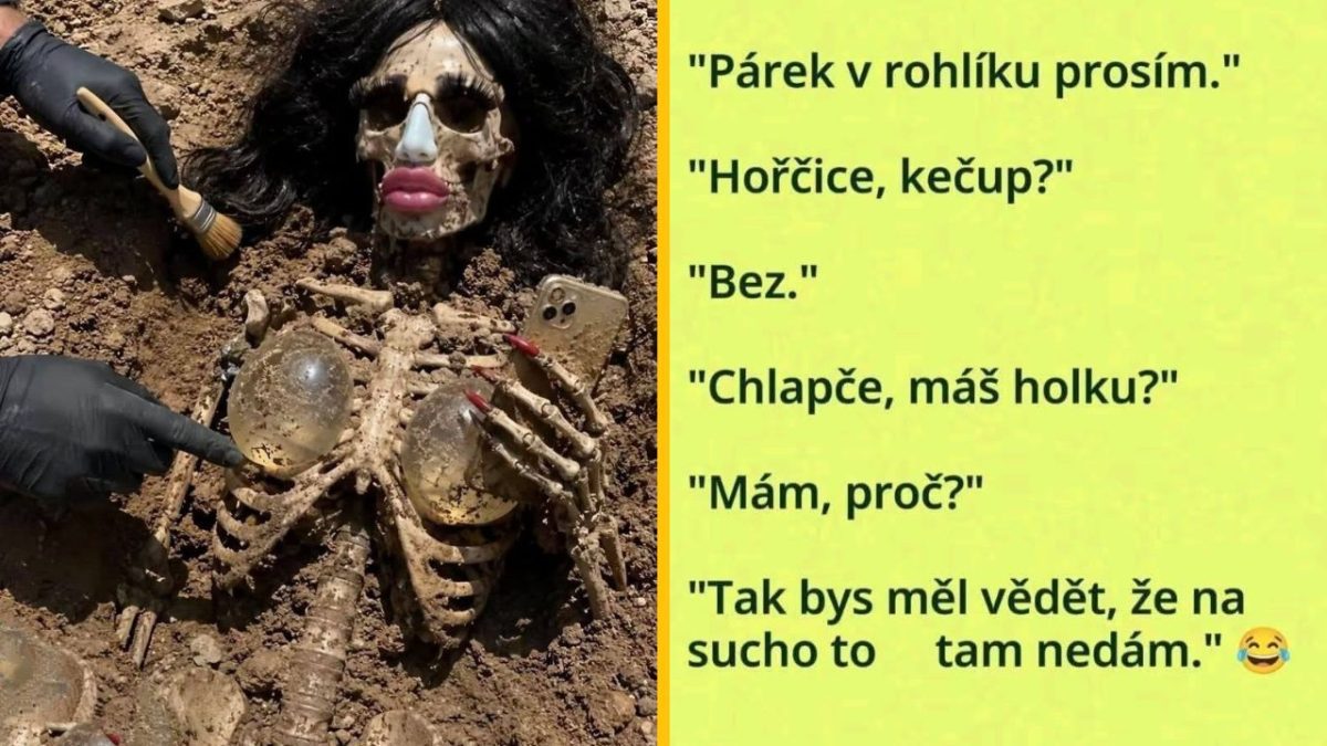 Archeológ objavil kostru so silikónovými implantátmi a mobilom, vtipný text na žltom pozadí vpravo.