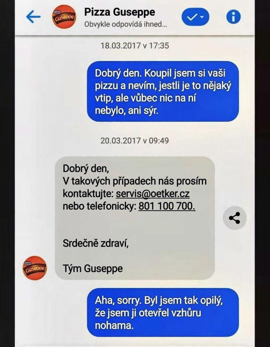 Zákazník si sťažuje na prázdnu pizzu, zistilo sa, že bola otvorená opačne - humorná výmena správ s výrobcom.