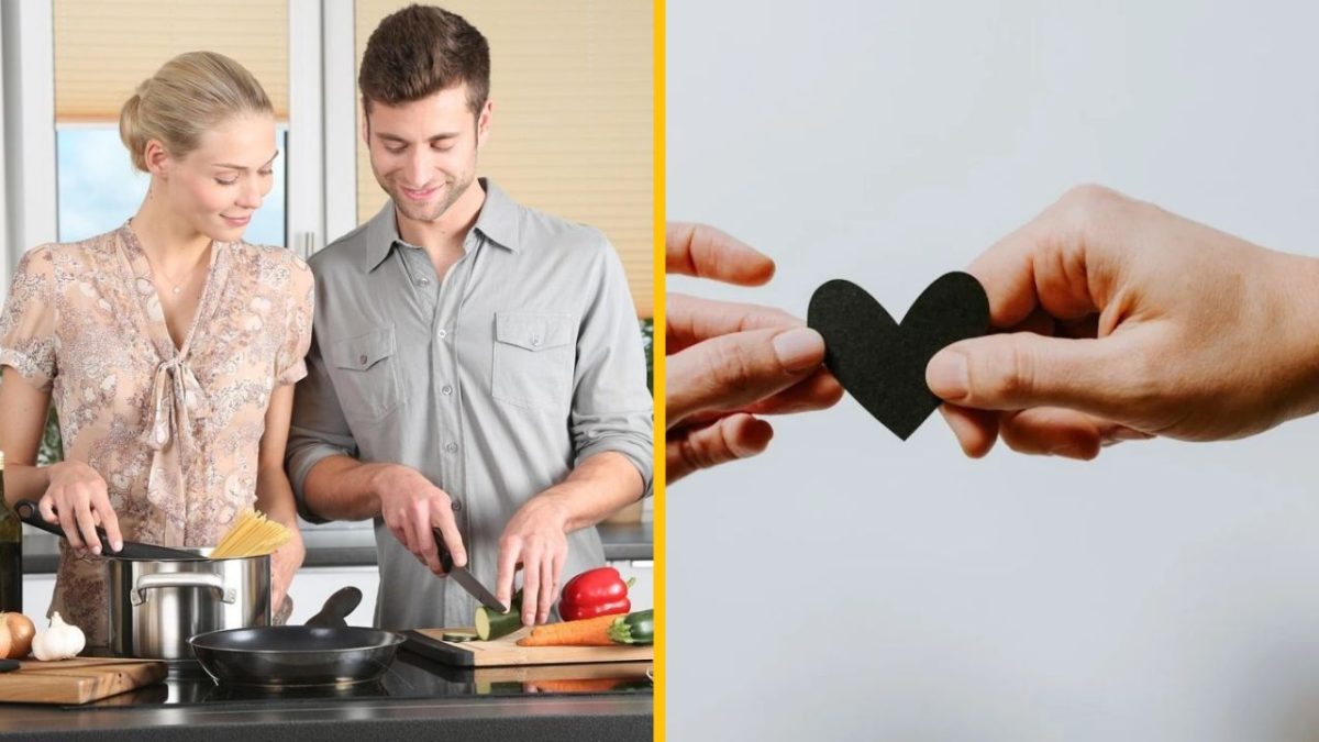 Pár pripravuje jedlo spolu v kuchyni, vedľa ruky držiace čierne srdce symbolizujúce lásku a spoluprácu.