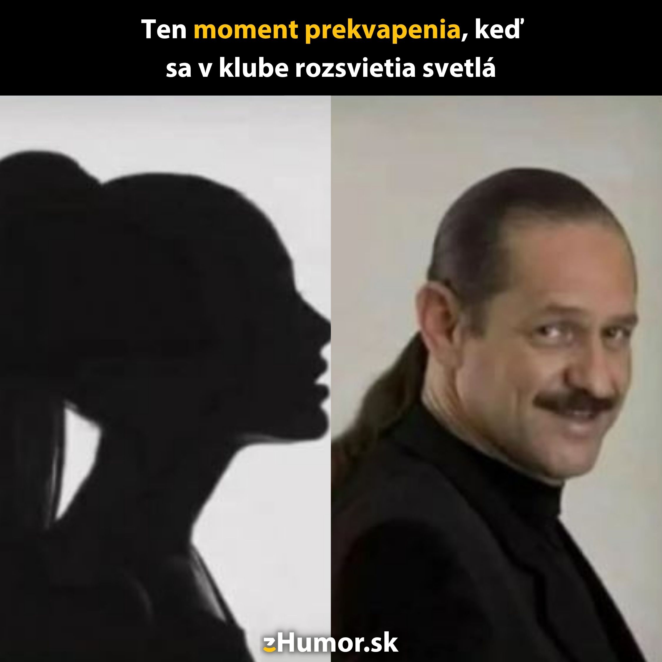 Silueta ženy sa zmení na muža, vtipný moment v klube pri rozsvietení svetiel.