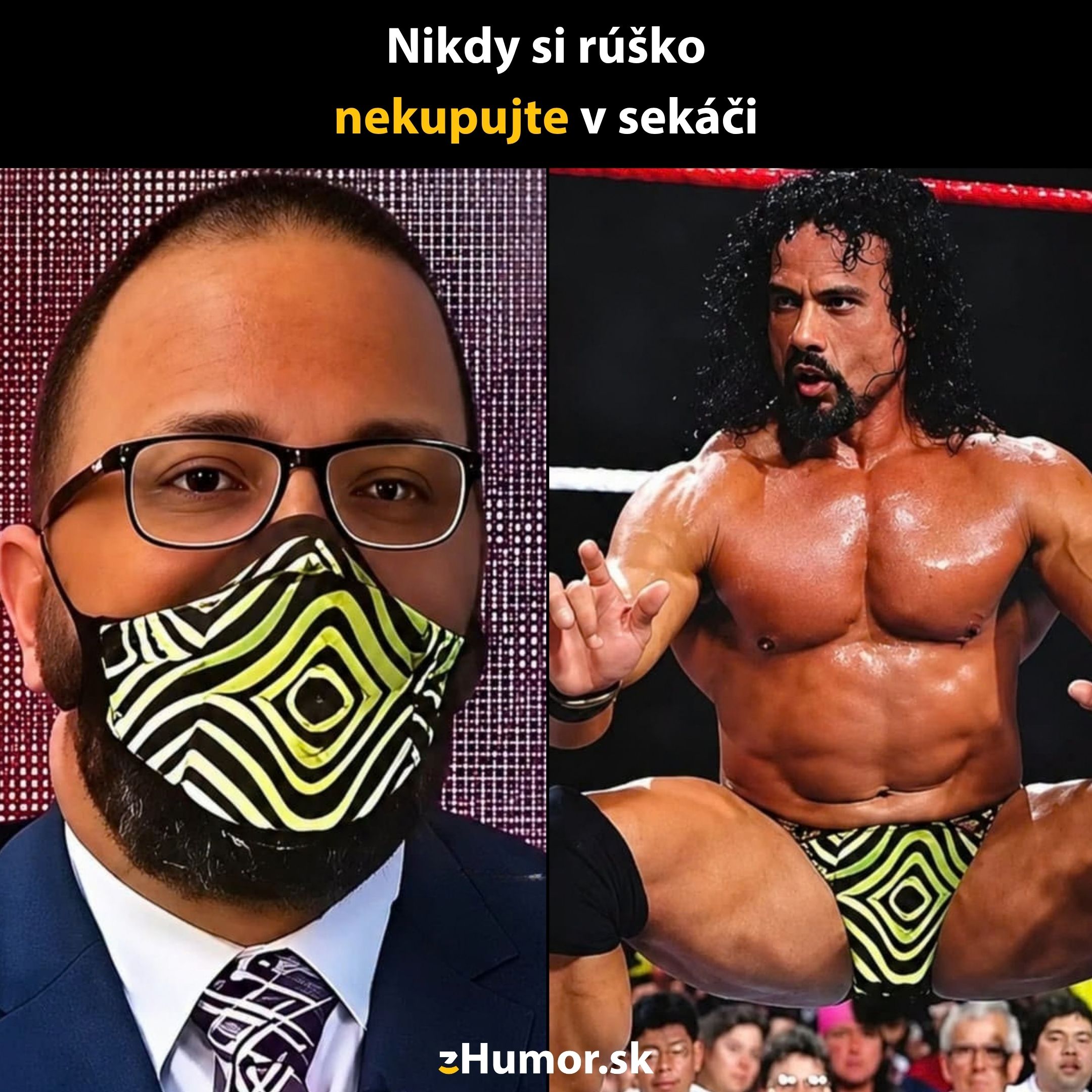 Muž s maskou so vzorom, ktorý sa zhoduje s wrestlingovým oblekom zápasníka v ringu.