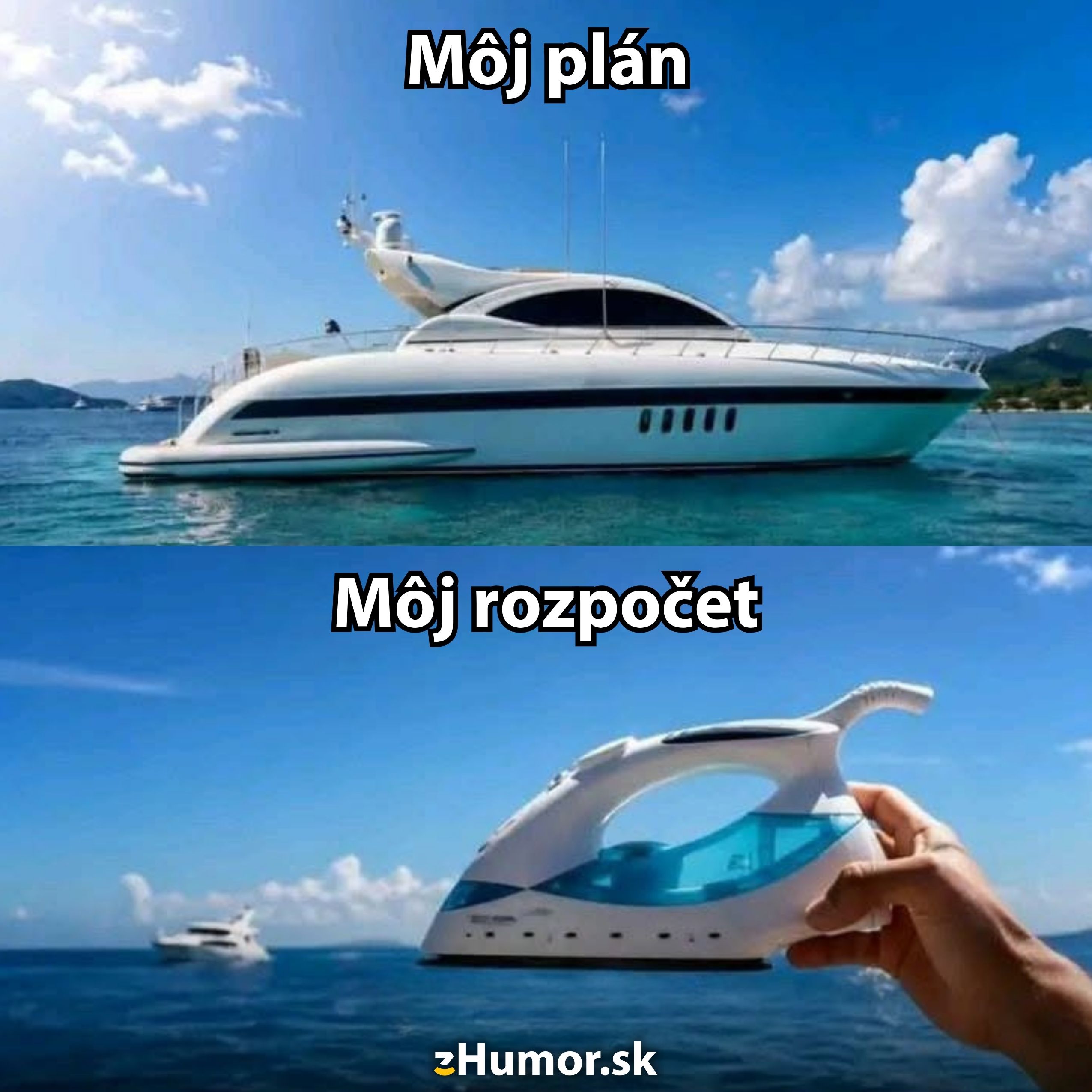 Loď a žehlička ilustrujú rozdiel medzi plánmi a rozpočtom, vtipná fotomontáž na porovnanie cieľov a reality.