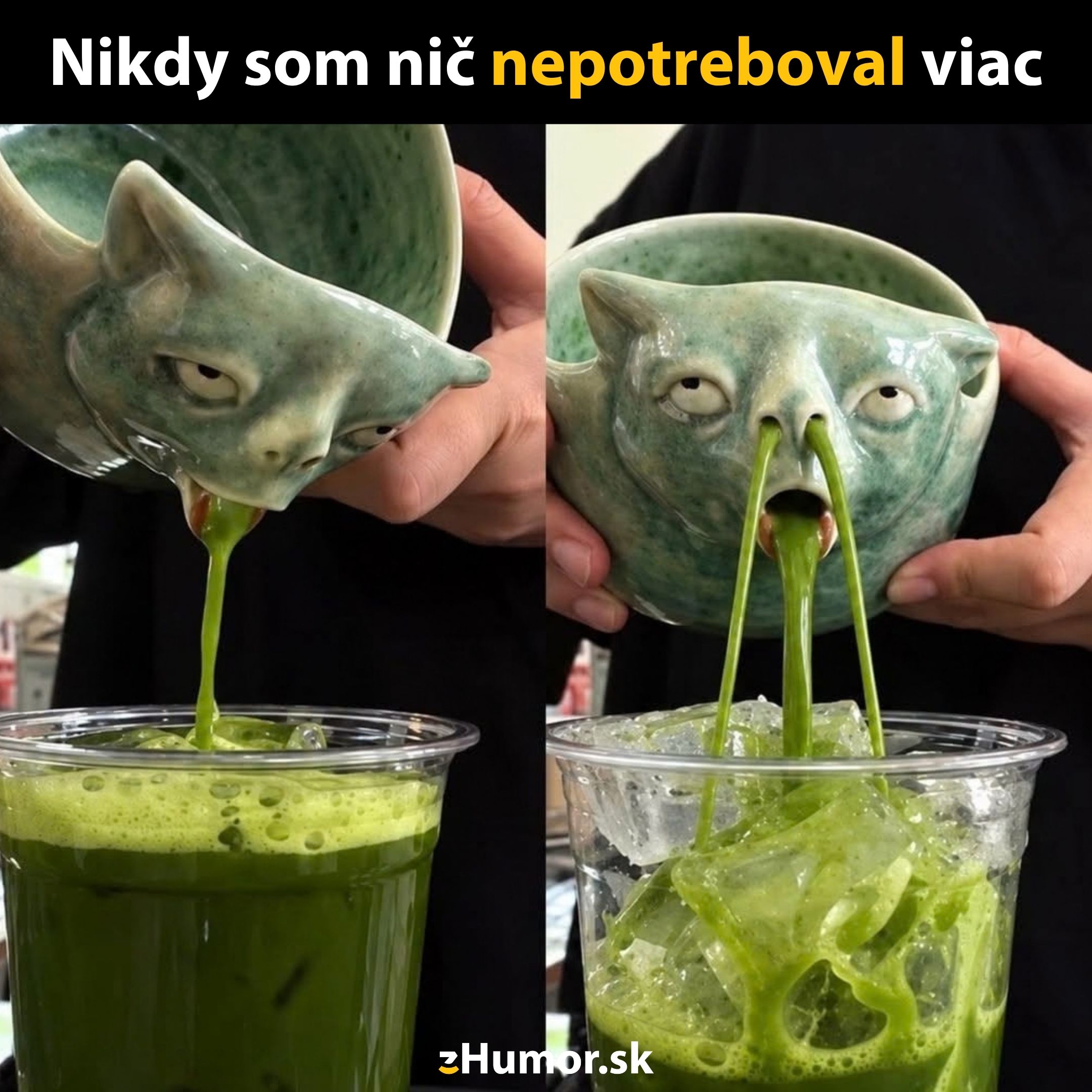 Zvláštna keramická šálka vylieva zelený nápoj, vtipný dizajn pripomína tvár mačky.