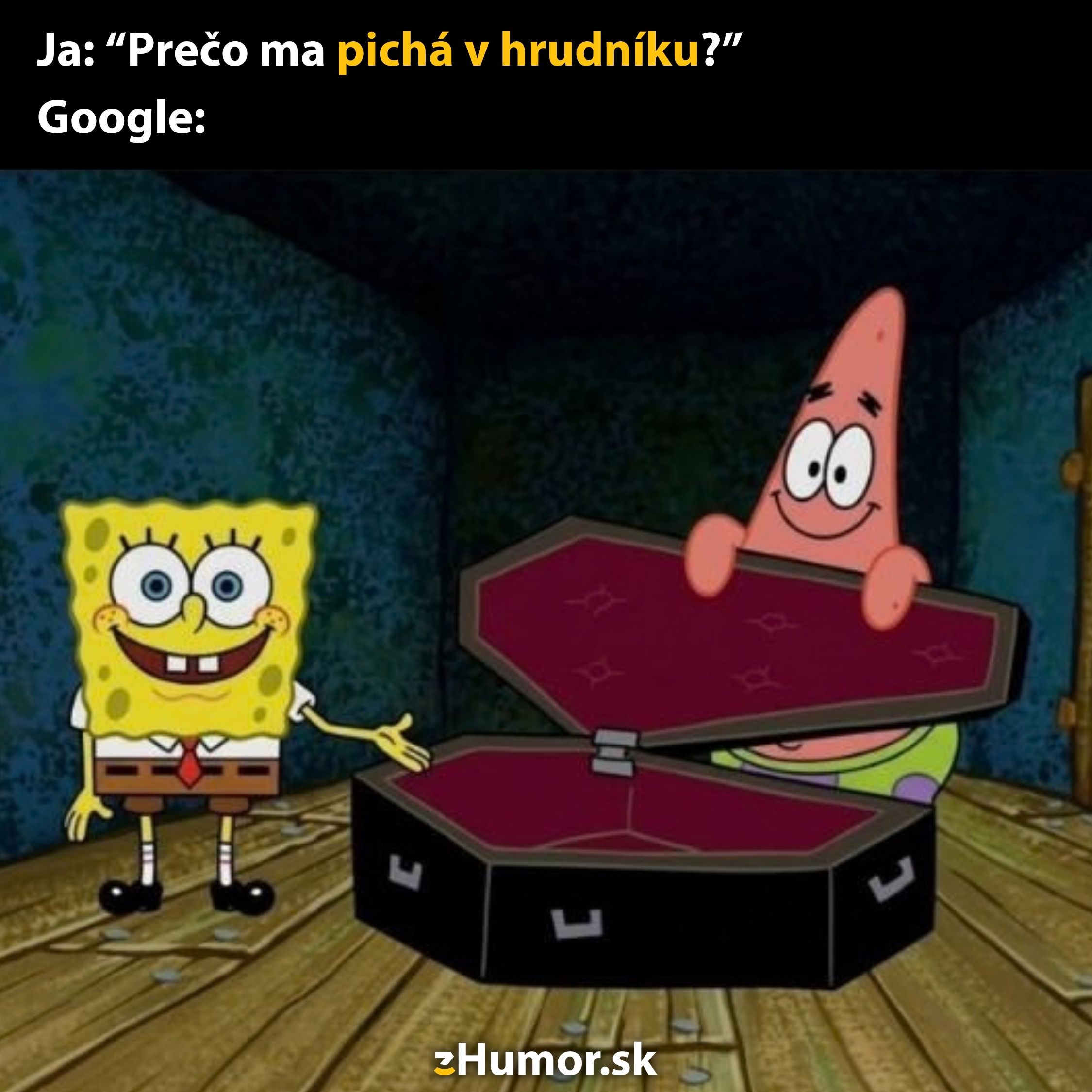 SpongeBob a Patrick s rakvou, vtip na tému zdravotných otázok a vyhľadávania na internete.