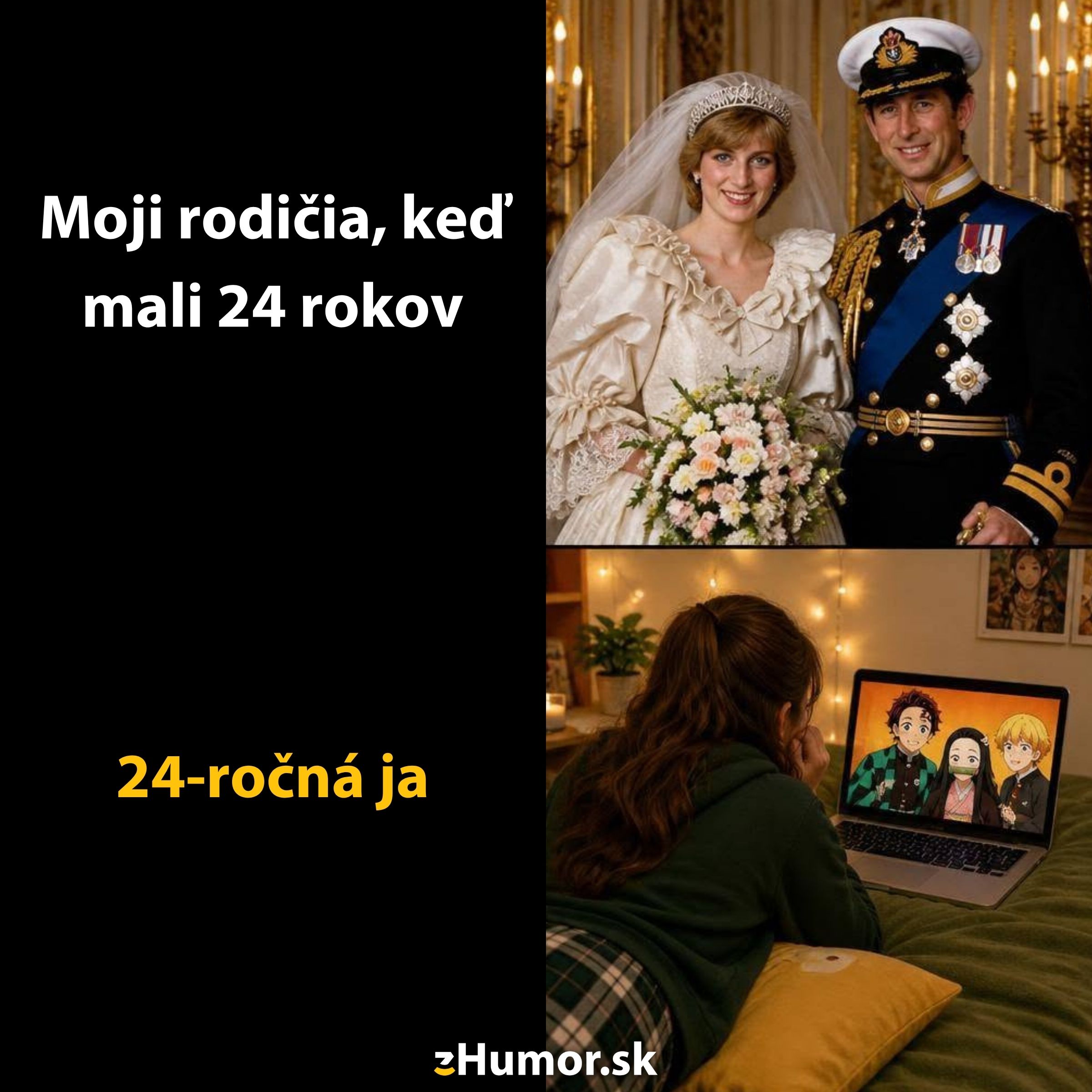 Porovnanie generácií: rodičia v svadobnom oblečení vs. 24-ročná pozerajúca anime doma.