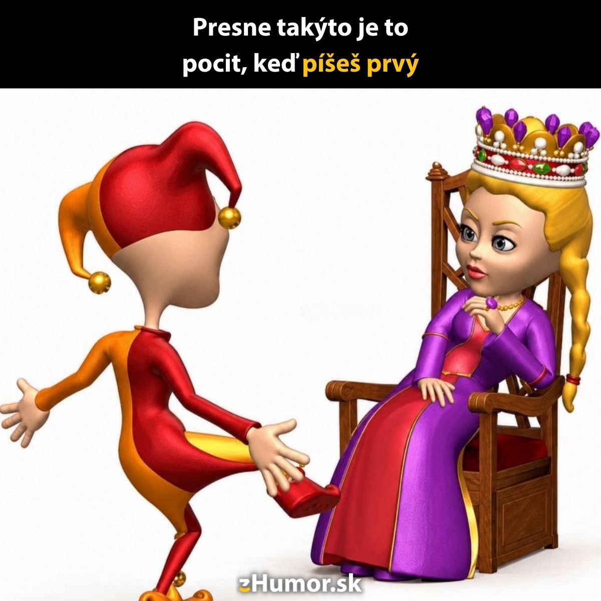 Dvaja kreslení postavičky: šašo tancuje pred sediacou kráľovnou s korunou na hlave.