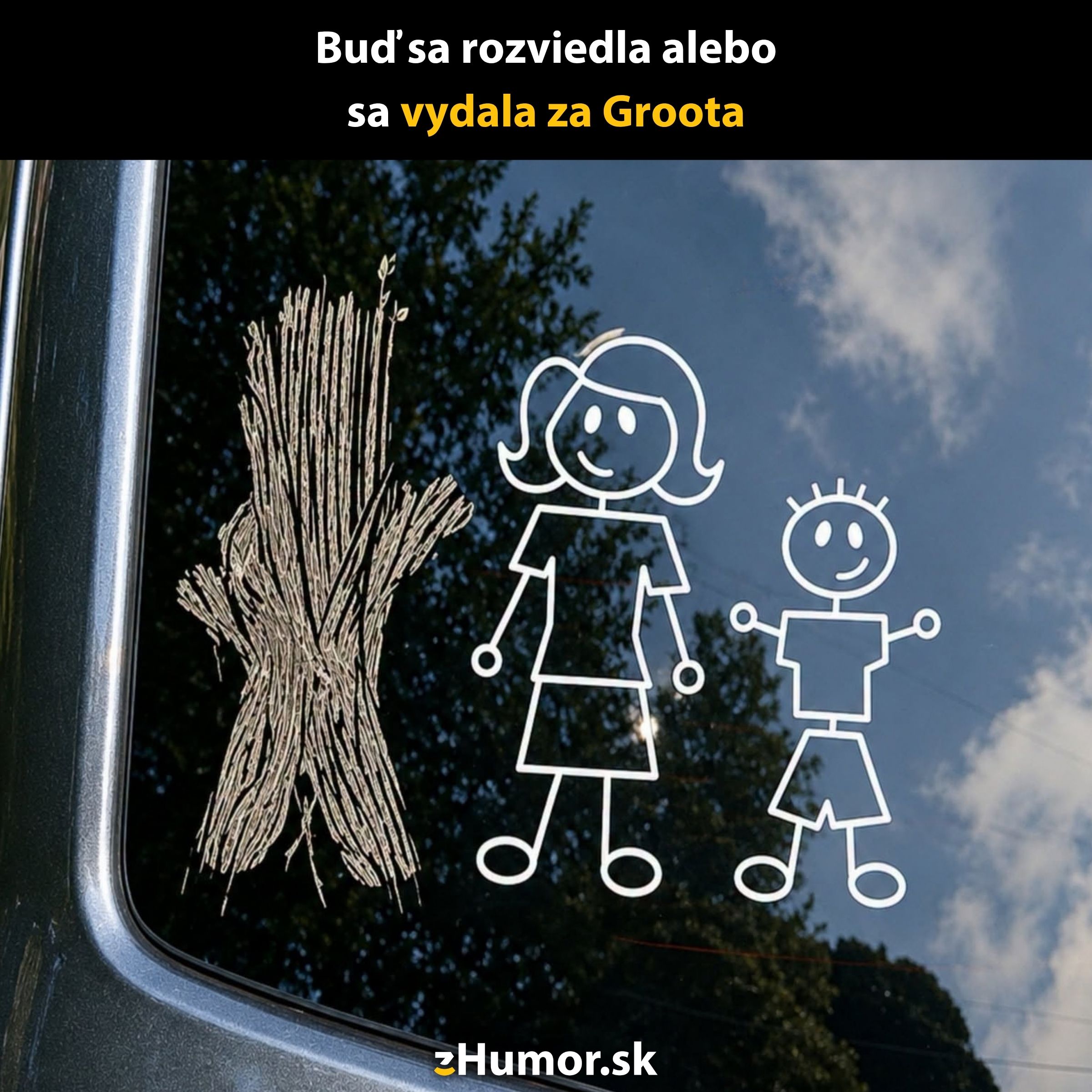 Rodinná nálepka na aute: žena, dieťa a postava zo stromu ako otec.
