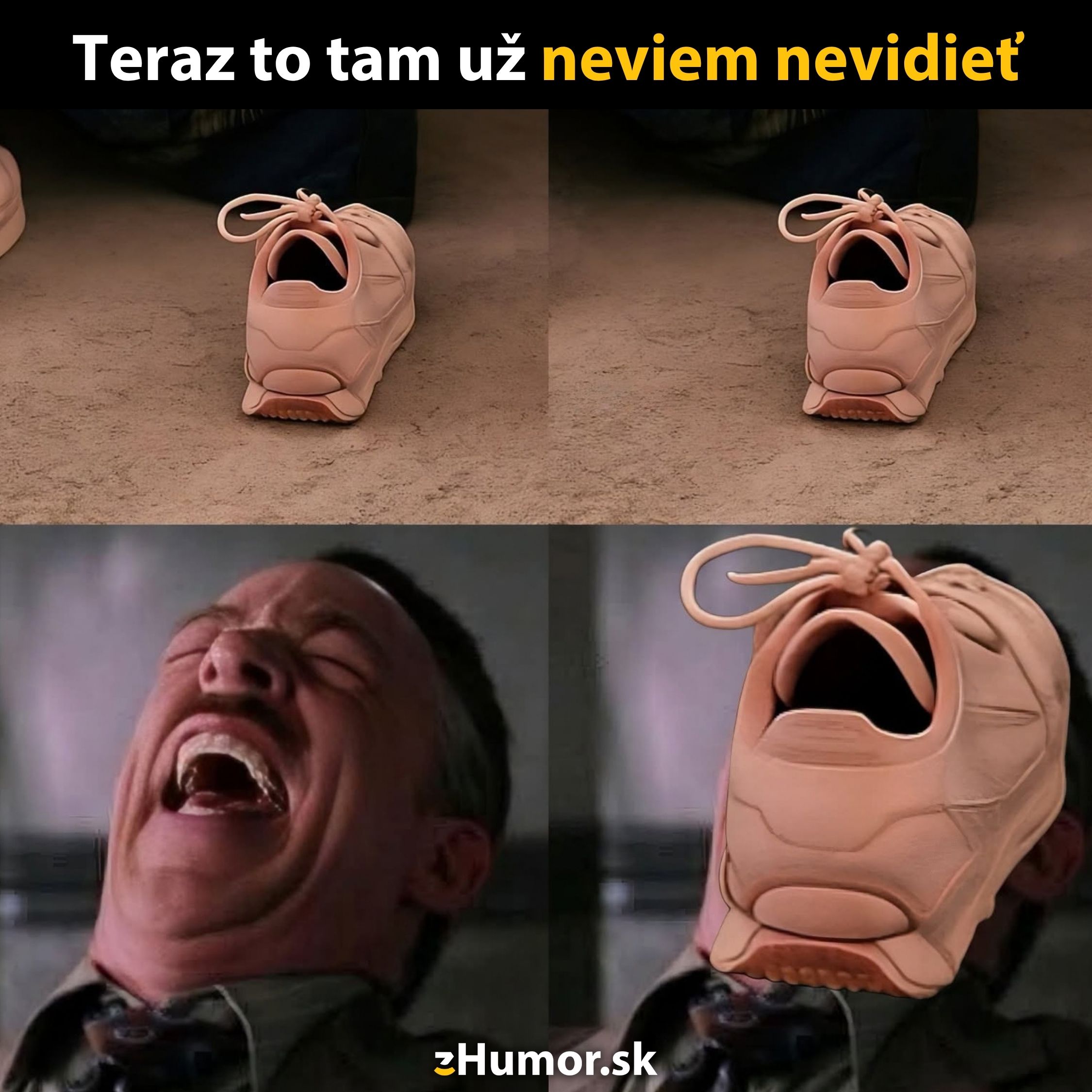 Vtipný kolážový obrázok tenisky so smiešnou tvárou a rozosmiaty muž v spodnej časti.