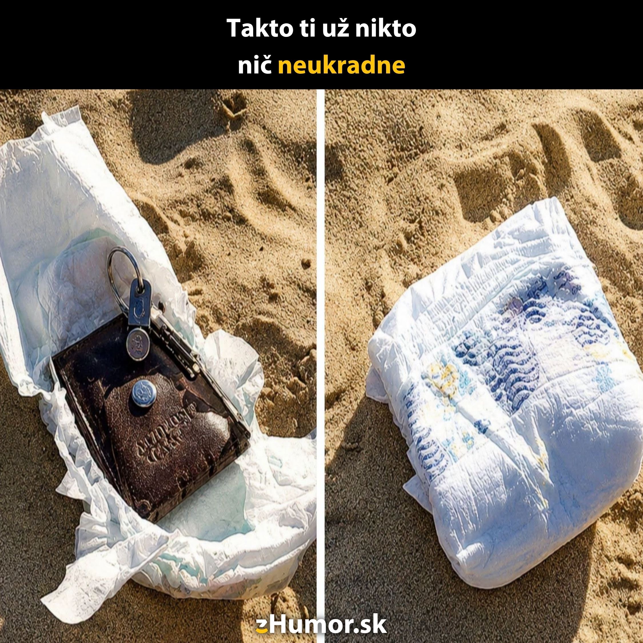Peňaženka a kľúče skryté v plienke na pláži ako netradičný spôsob ochrany pred krádežou.