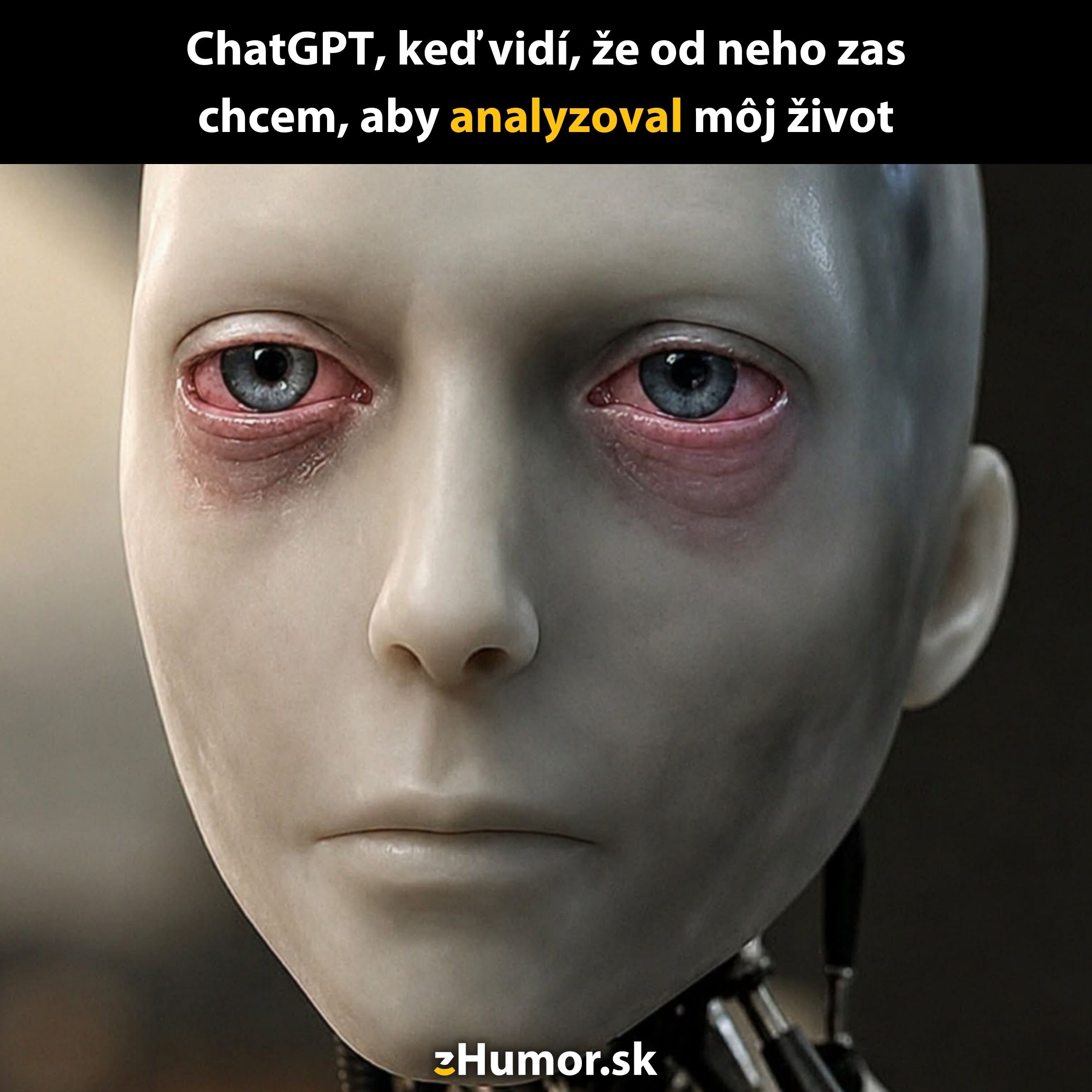 Robot s vyčerpaným výrazom ako ChatGPT zdôrazňuje náročnosť analýzy ľudského života.