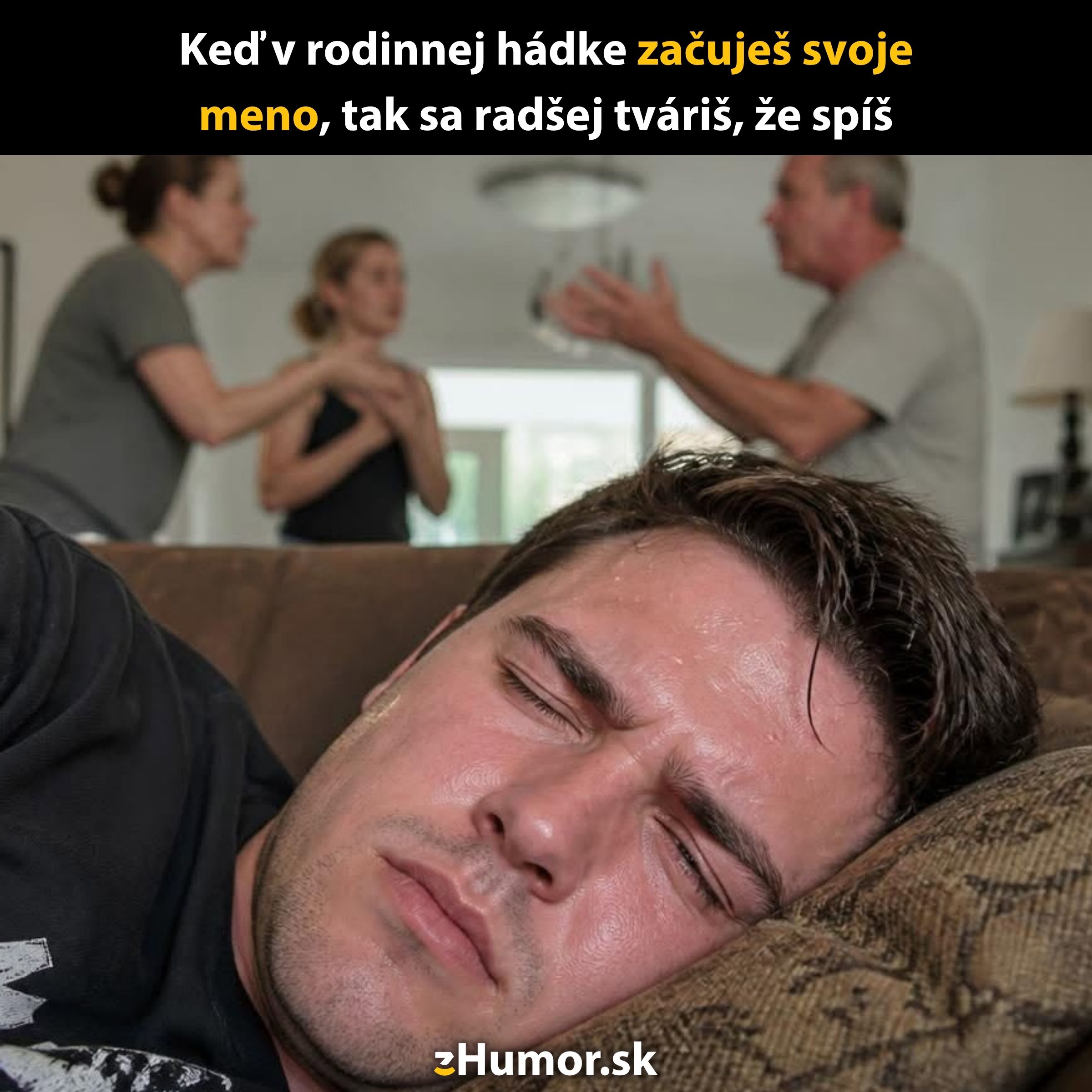 Muž predstiera spánok počas rodinnej hádky, aby sa vyhol účasti na konflikte.