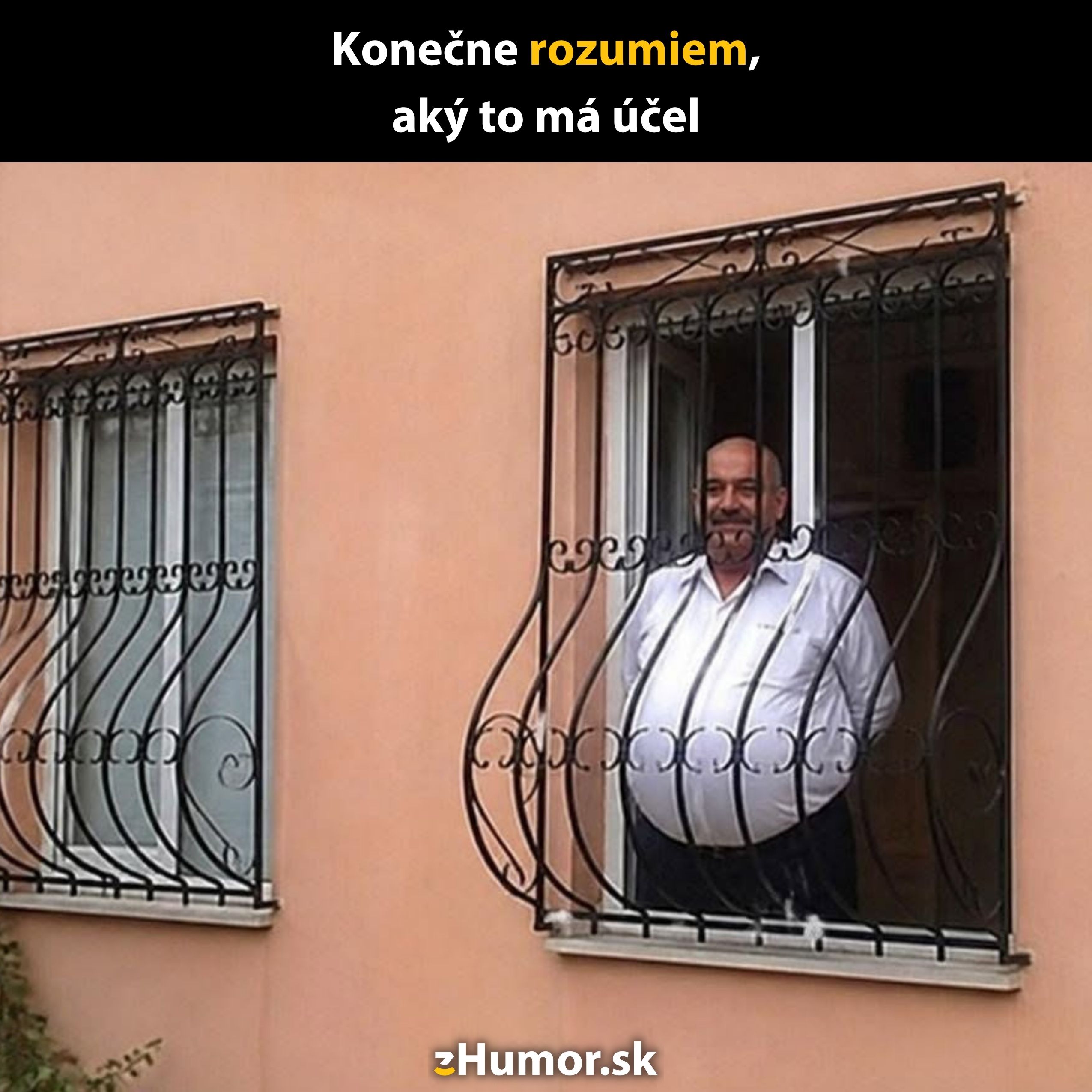 Muž stojí v okne za ozdobnou kovovou mrežou, ktorá sleduje jeho siluetu, s vtipným textom.
