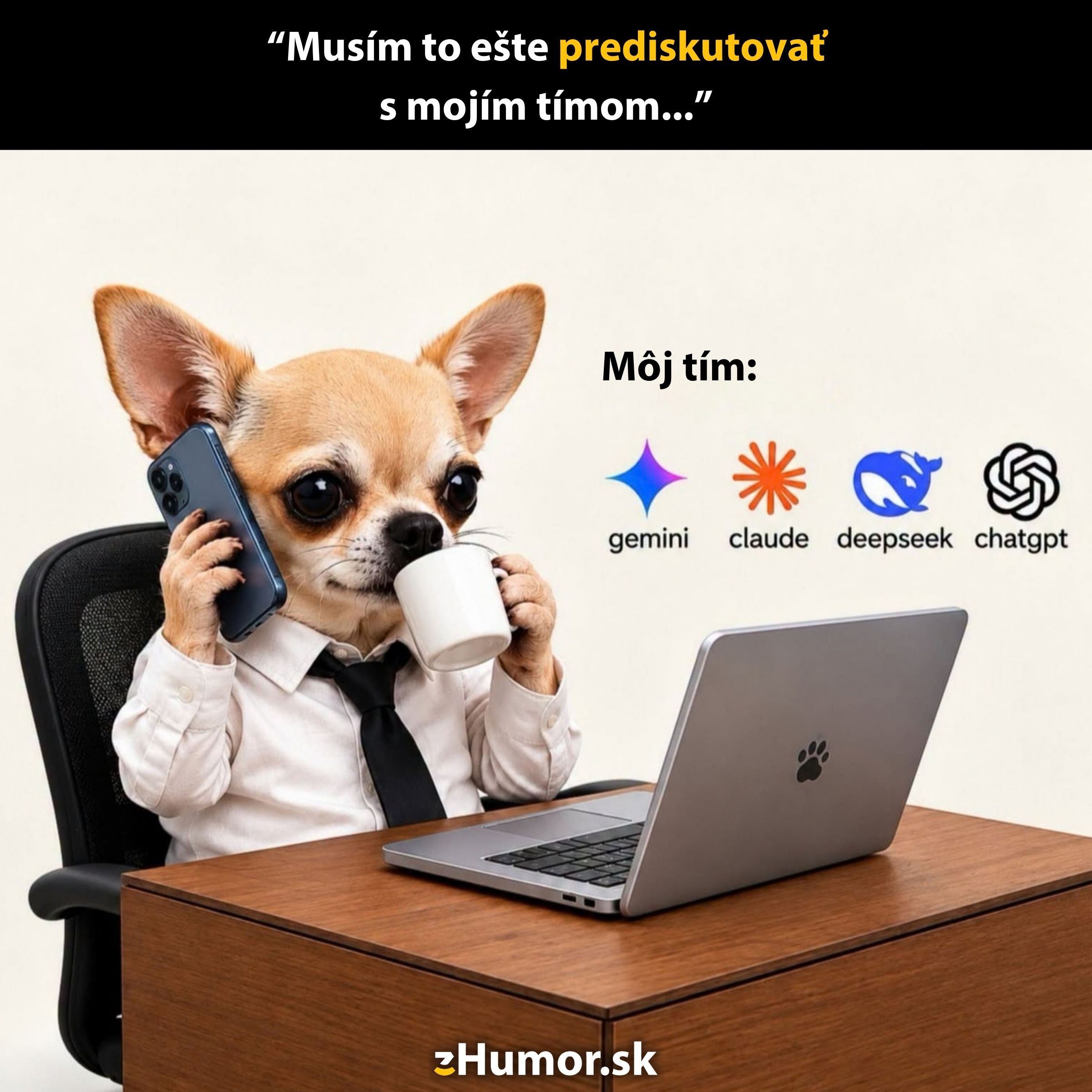 Pes v obleku na pracovnom mieste volá a pije kávu, vedľa neho laptop a logá tímových nástrojov.