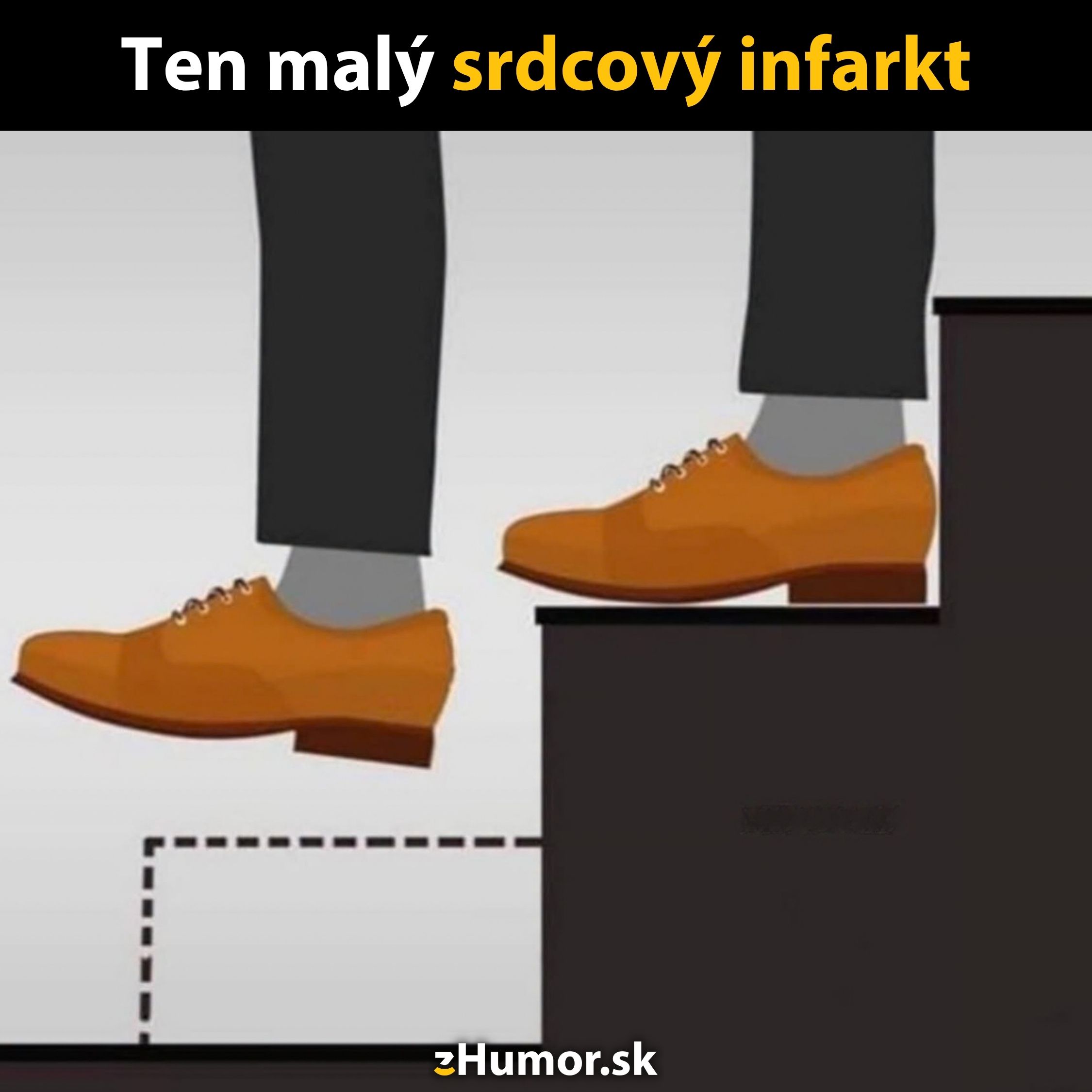 Osoba v oranžových topánkach schádza po schodoch, pričom stupí na prázdno, ilustrujúc moment prekvapenia.