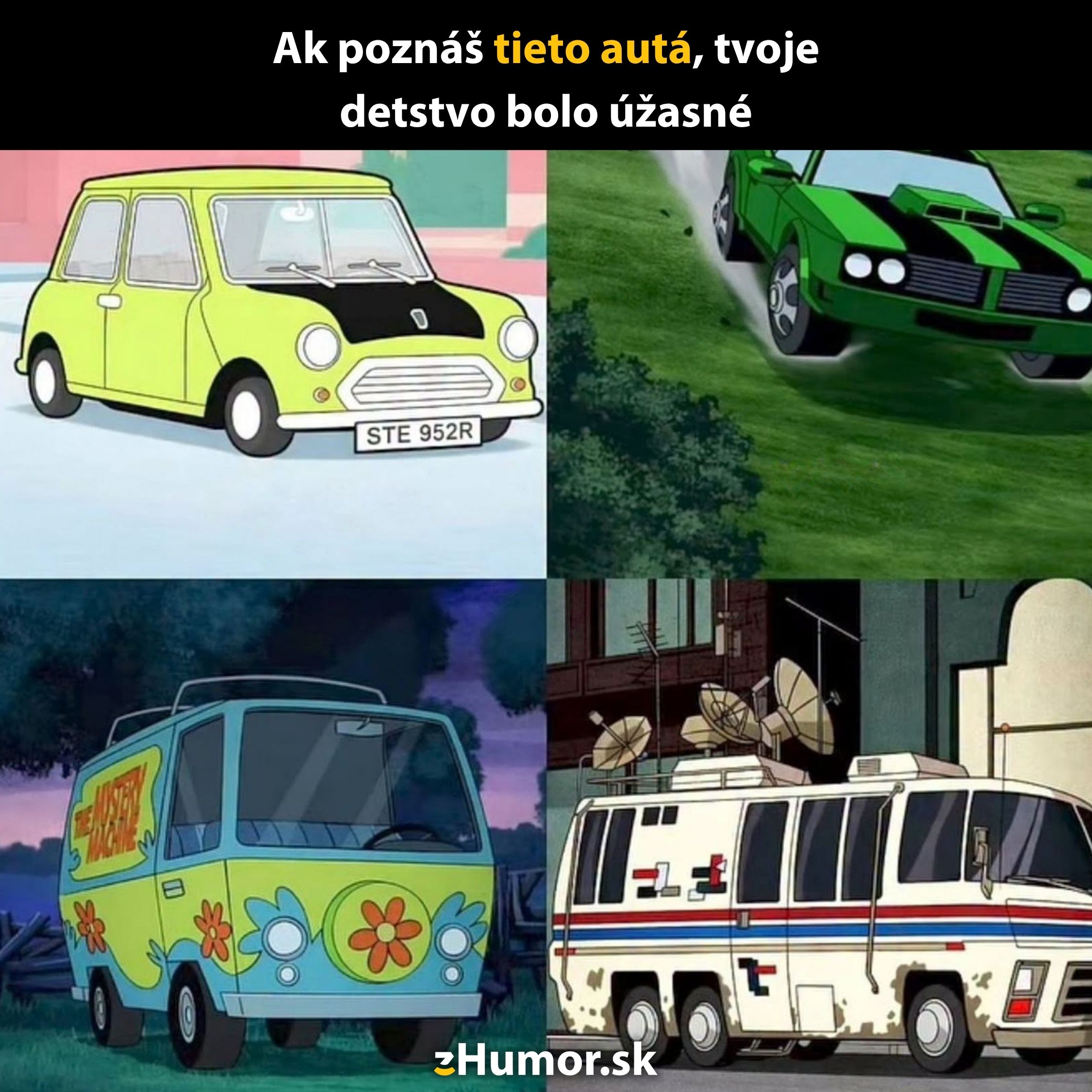 Animované autá z obľúbených seriálov z detstva: rozpoznateľné, nostalgické vozidlá pre zábavnú spomienku.