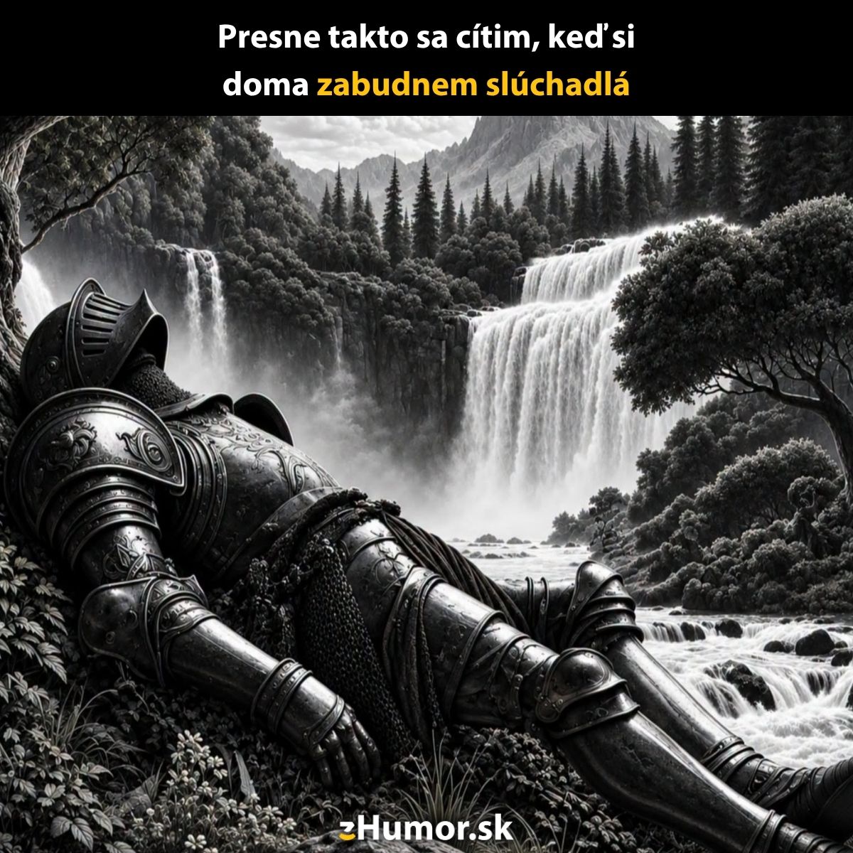 Rytier ležiaci pri vodopáde v prírode, symbolizujúci pocit straty bez slúchadiel.