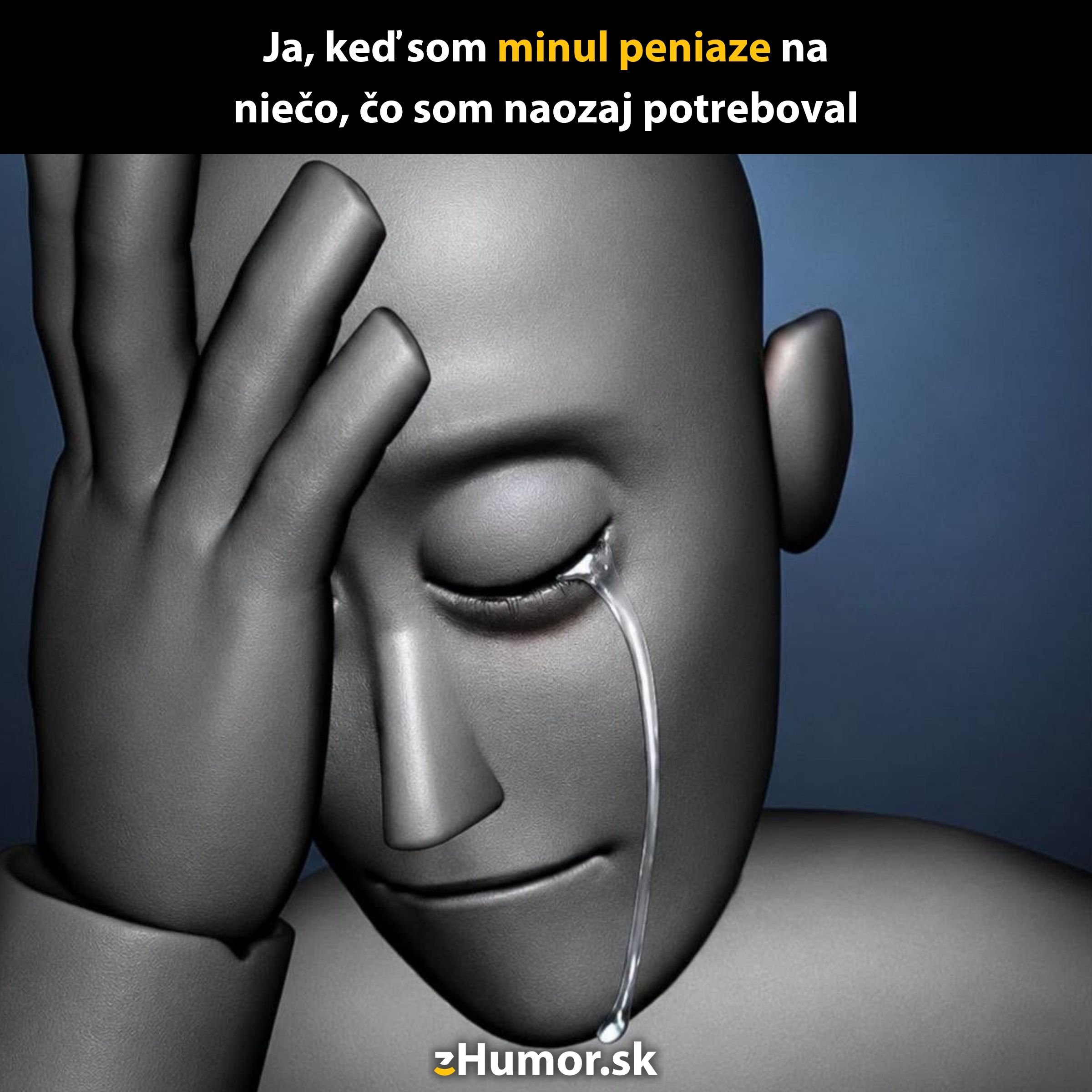 3D postava s výrazom smútku a slzou na tvári, vzbudzujúca emócie z ľútosti nad výdavkami.