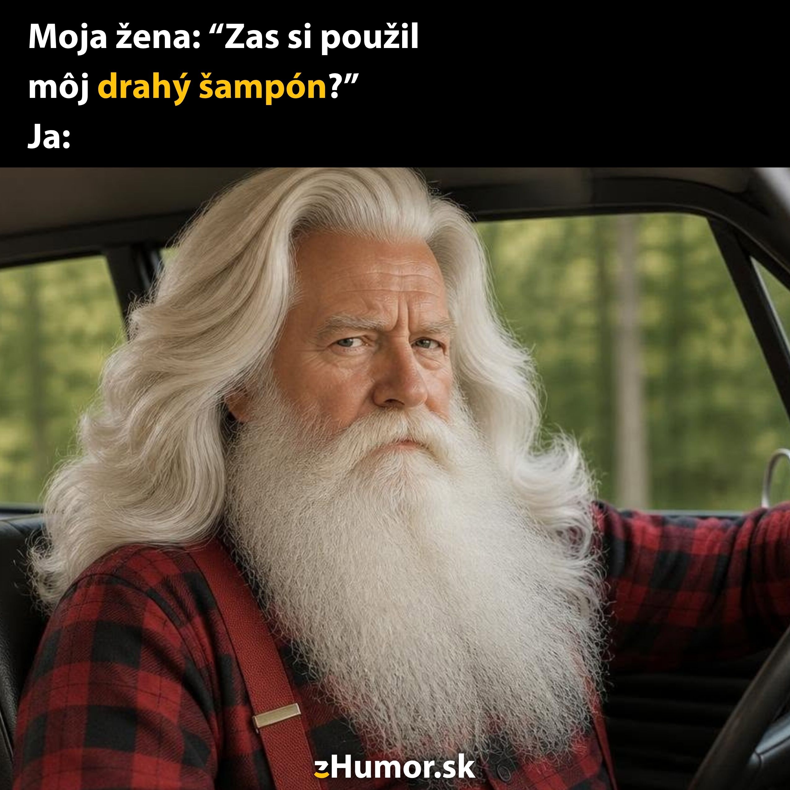 Muž s dlhými vlasmi a bradou v kockovanej košeli sedí v aute, reaguje na otázku o použití šampónu.