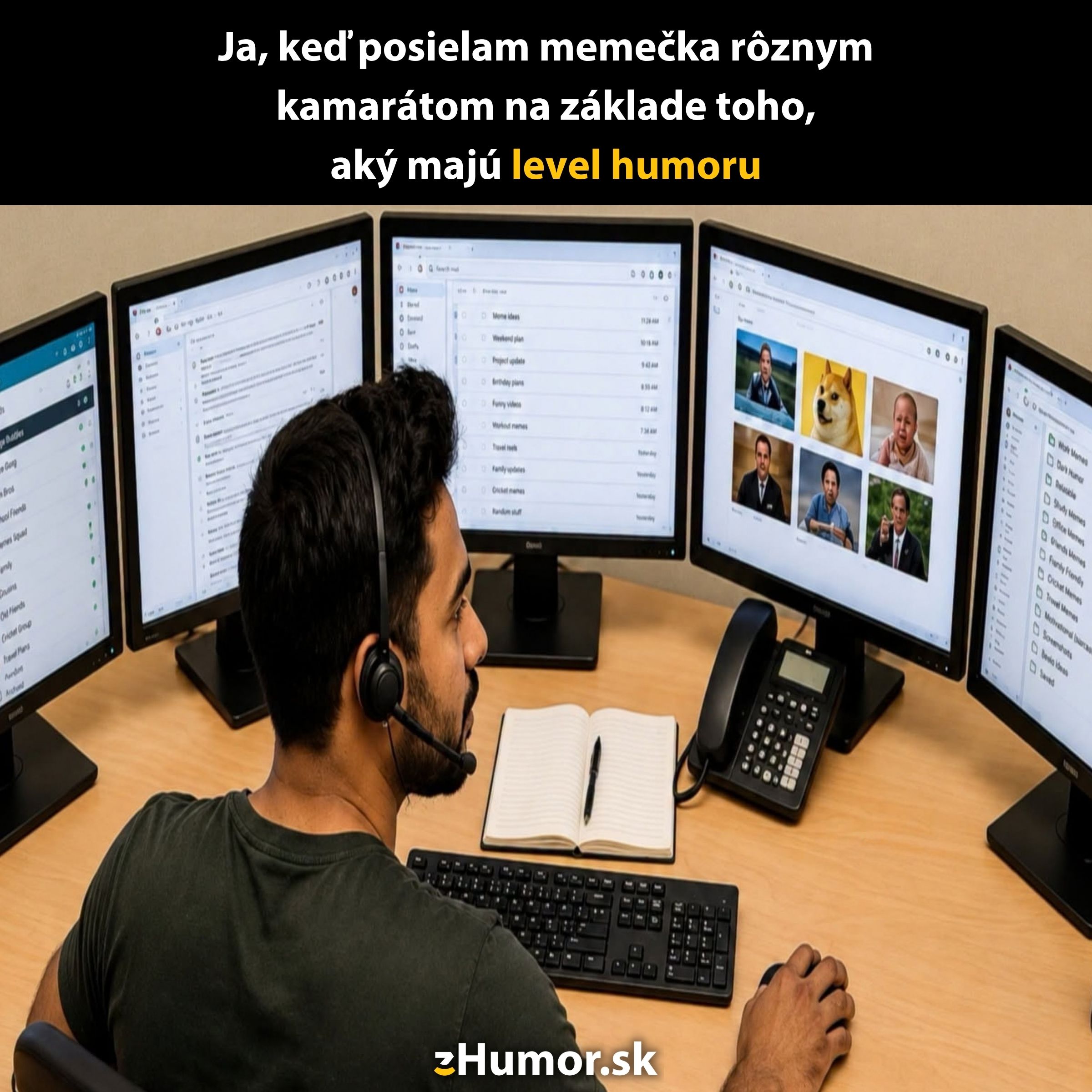 Muž pri počítači s viacerými obrazovkami posiela memečka podľa úrovne humoru svojich priateľov.