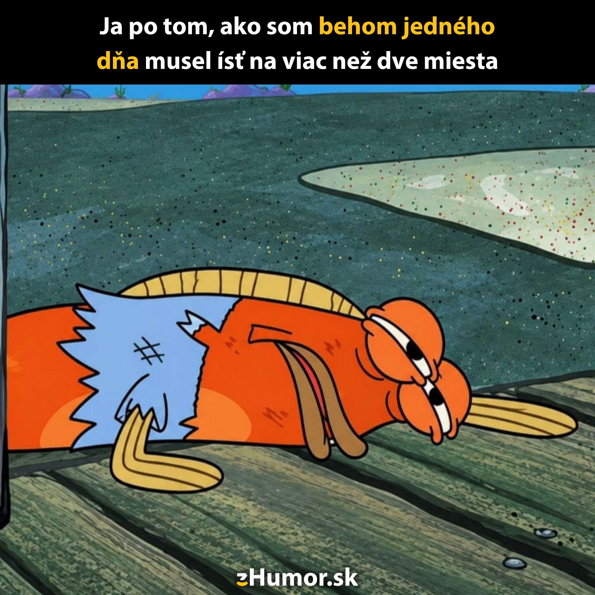 Unavená oranžová ryba leží na drevenej podlahe, znázorňujúc únavu po dlhom dni.