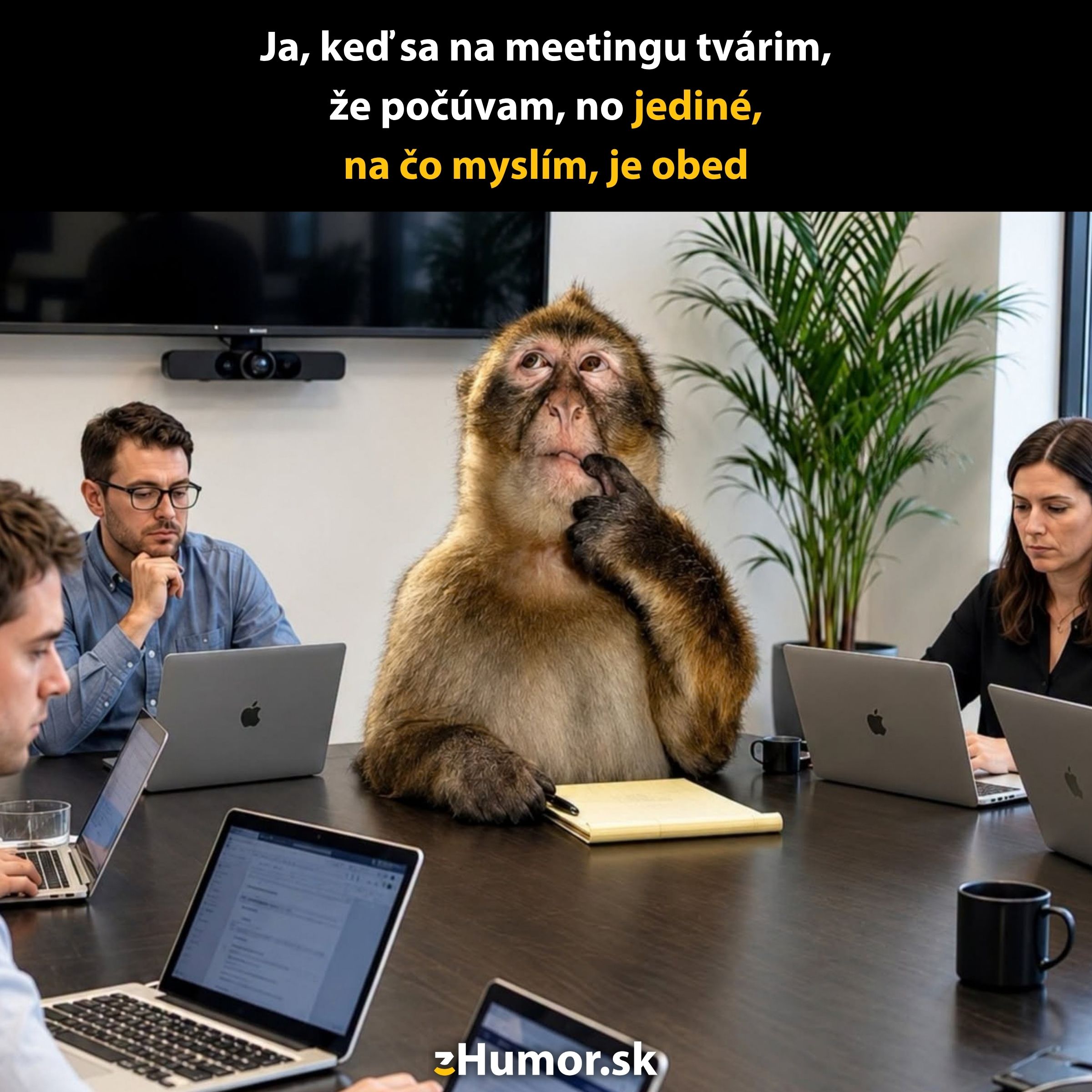 Opica sedí pri stole počas meetingu s ľuďmi, ktorí sú zamyslení nad prácou na notebookoch.