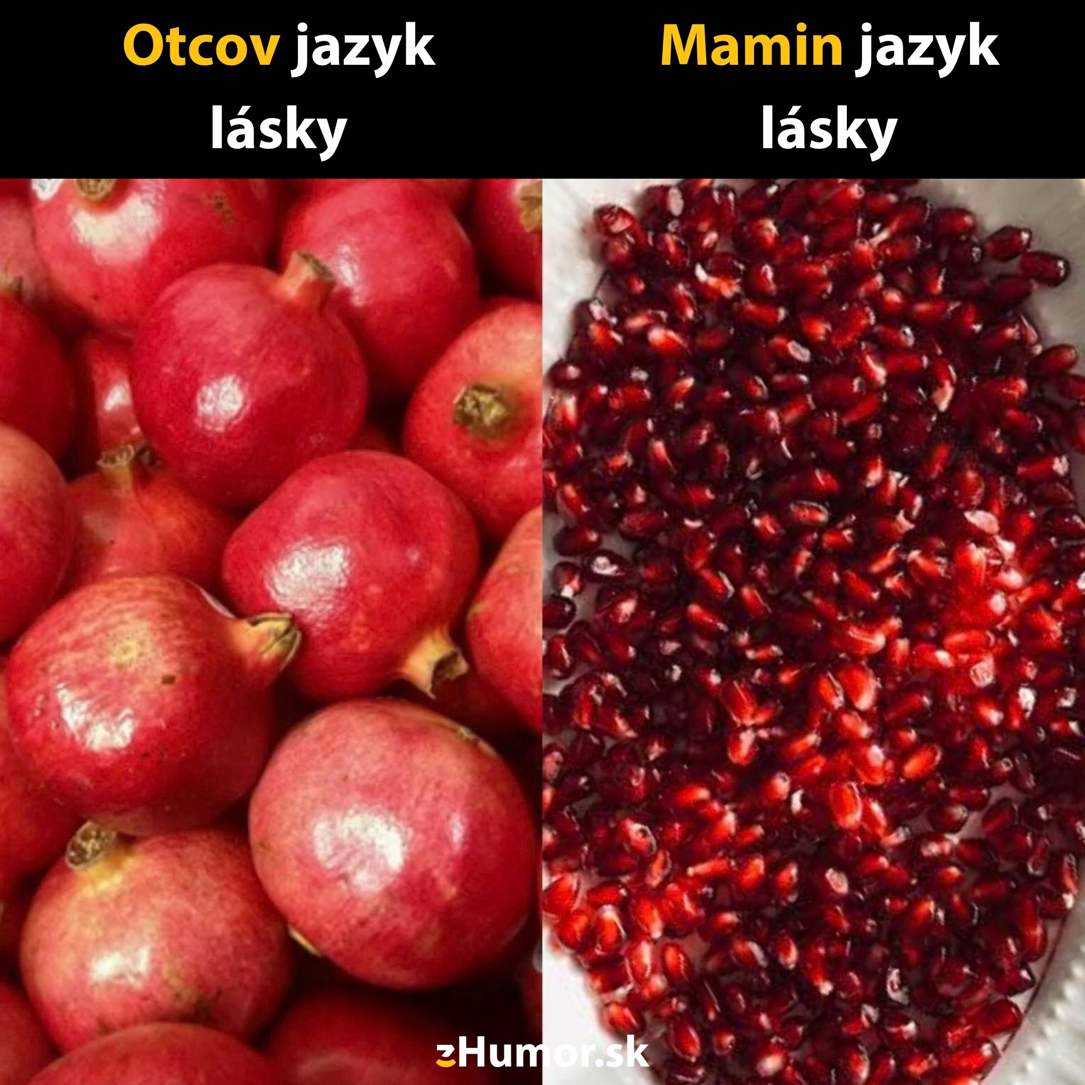 Ovocie: Celé granátové jablká naľavo, zrniečka na pravo. Nadpis: Otcov jazyk lásky, Mamin jazyk lásky.