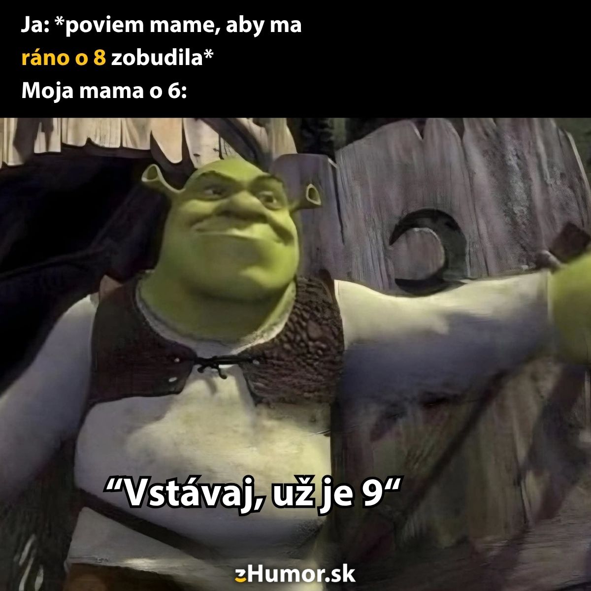 Osol humorného meme s vtipom o rannom budení, inšpirované známym filmovým zeleným obrom.