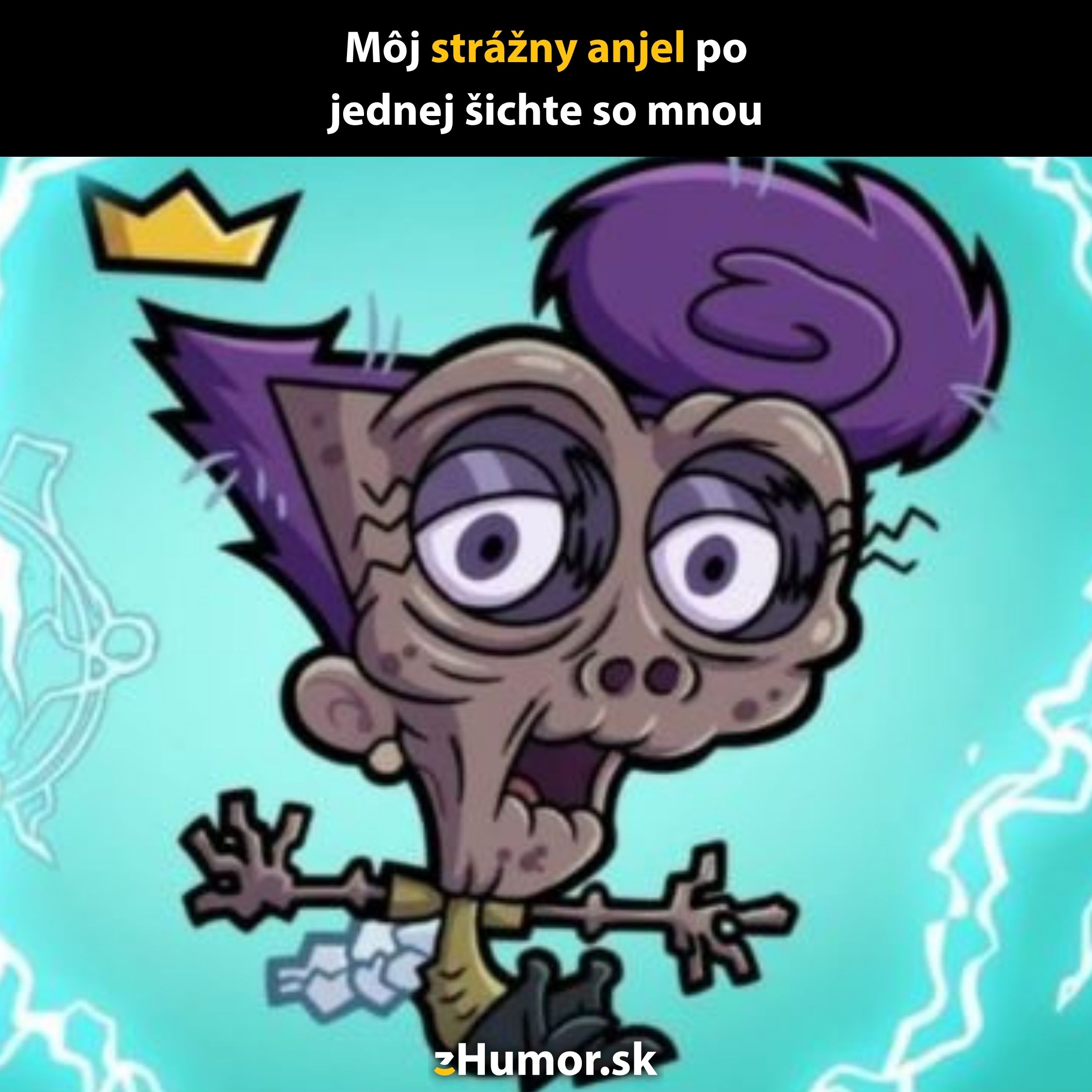 Animovaná postava s vyčerpaným výrazom a fialovými vlasmi so žartovným textom o strážnom anjelovi.