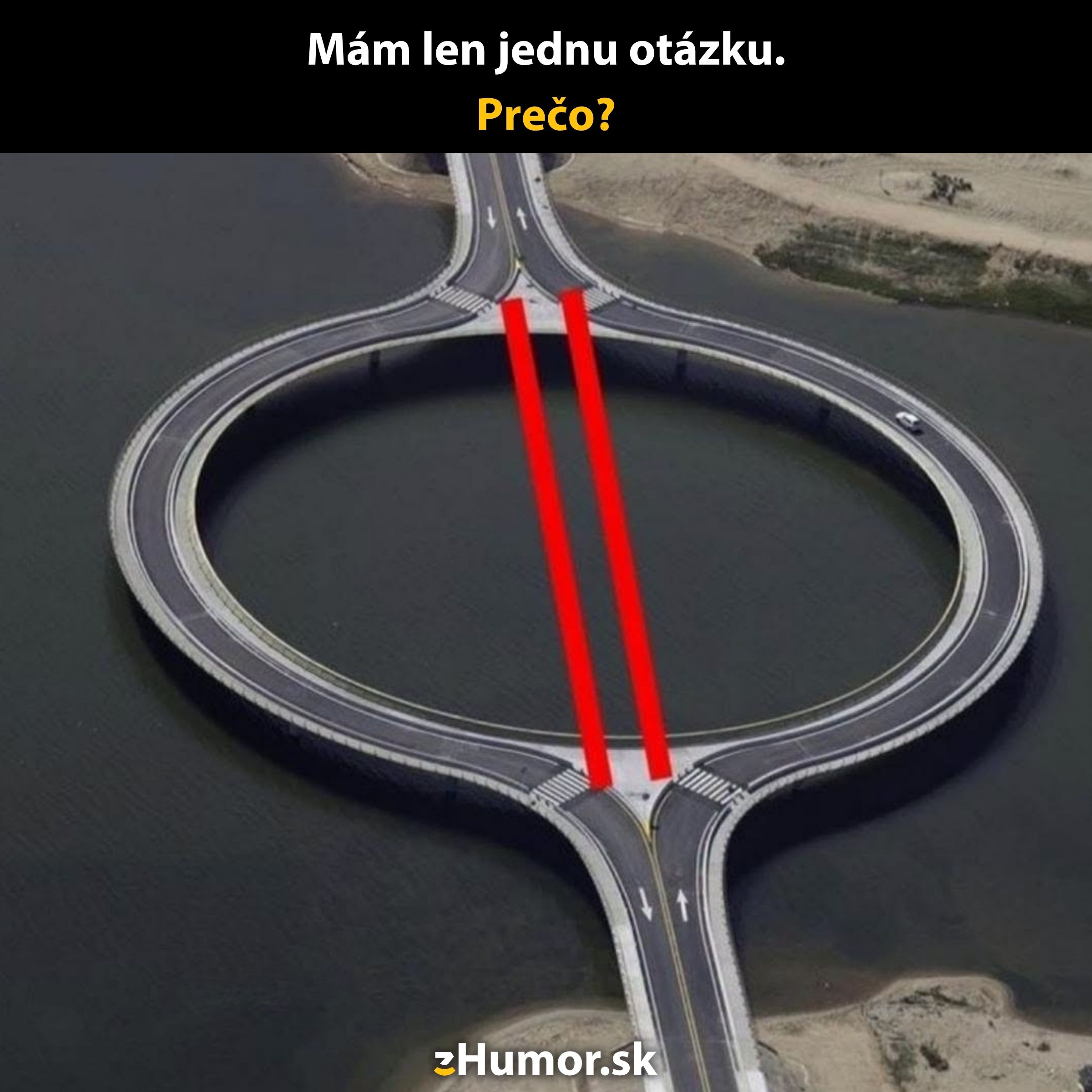 Kruhový most nad vodou s červenými čiarami uprostred a otázkou Prečo?.