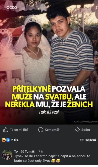Nevesta a ženích na svadbe, ženích prekvapený pozvaním. Text: Přítelkyně pozvala muže na svatbu, ale neřekla mu, že je