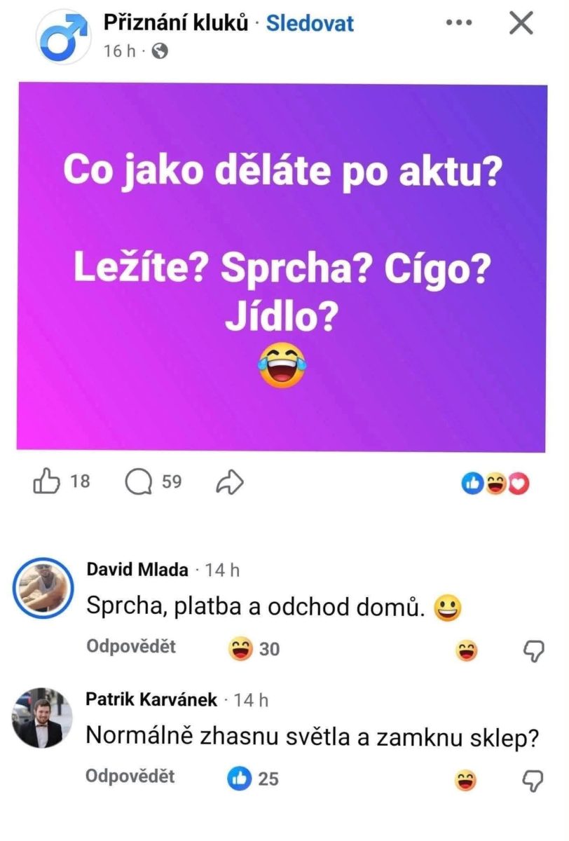 Humorná diskusia na sociálnej sieti, čo ľudia robia po intímnej chvíli. Reakcie obsahujú humor a iróniu.