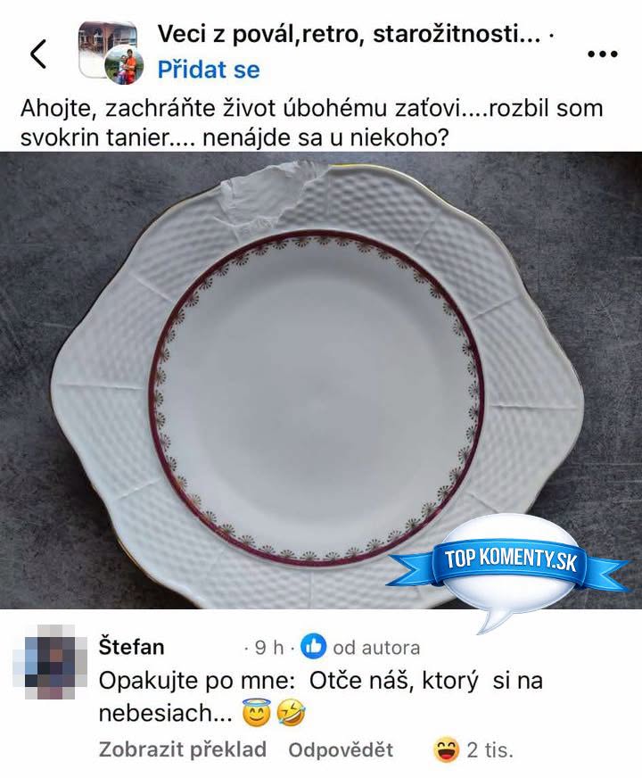 Rozbitý tanier s červeným vzorom na šedom povrchu, inzerát prosí o pomoc so zháňaním náhrady.