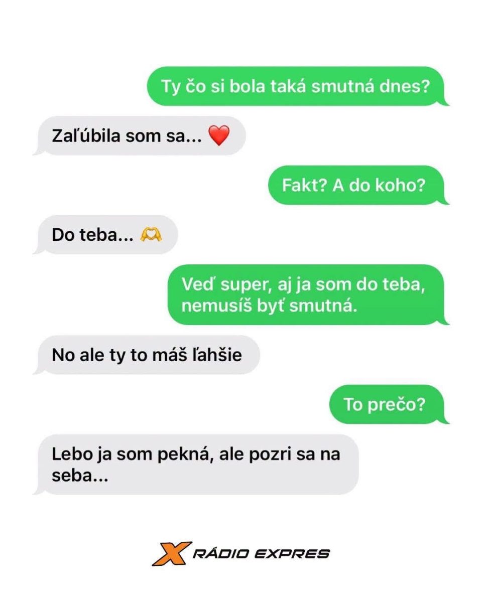 Konverzácia o láske cez správy, vtipná odpoveď na priznanie dievčaťa, Rádia Expres logo dole.