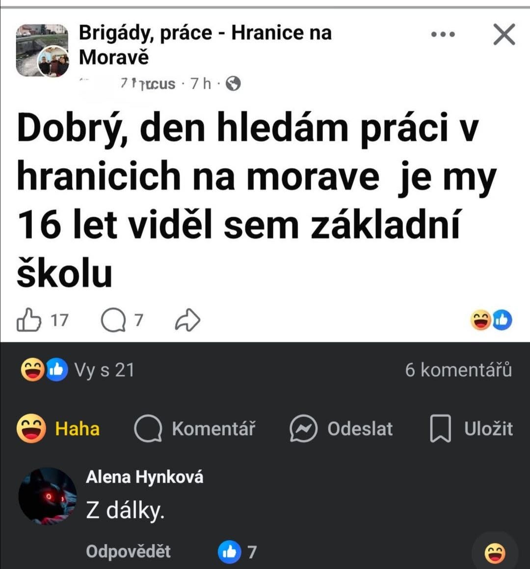 Mladý človek hľadá prácu v Hraniciach, vtipný komentár s reakciami, diskusia na sociálnej sieti.