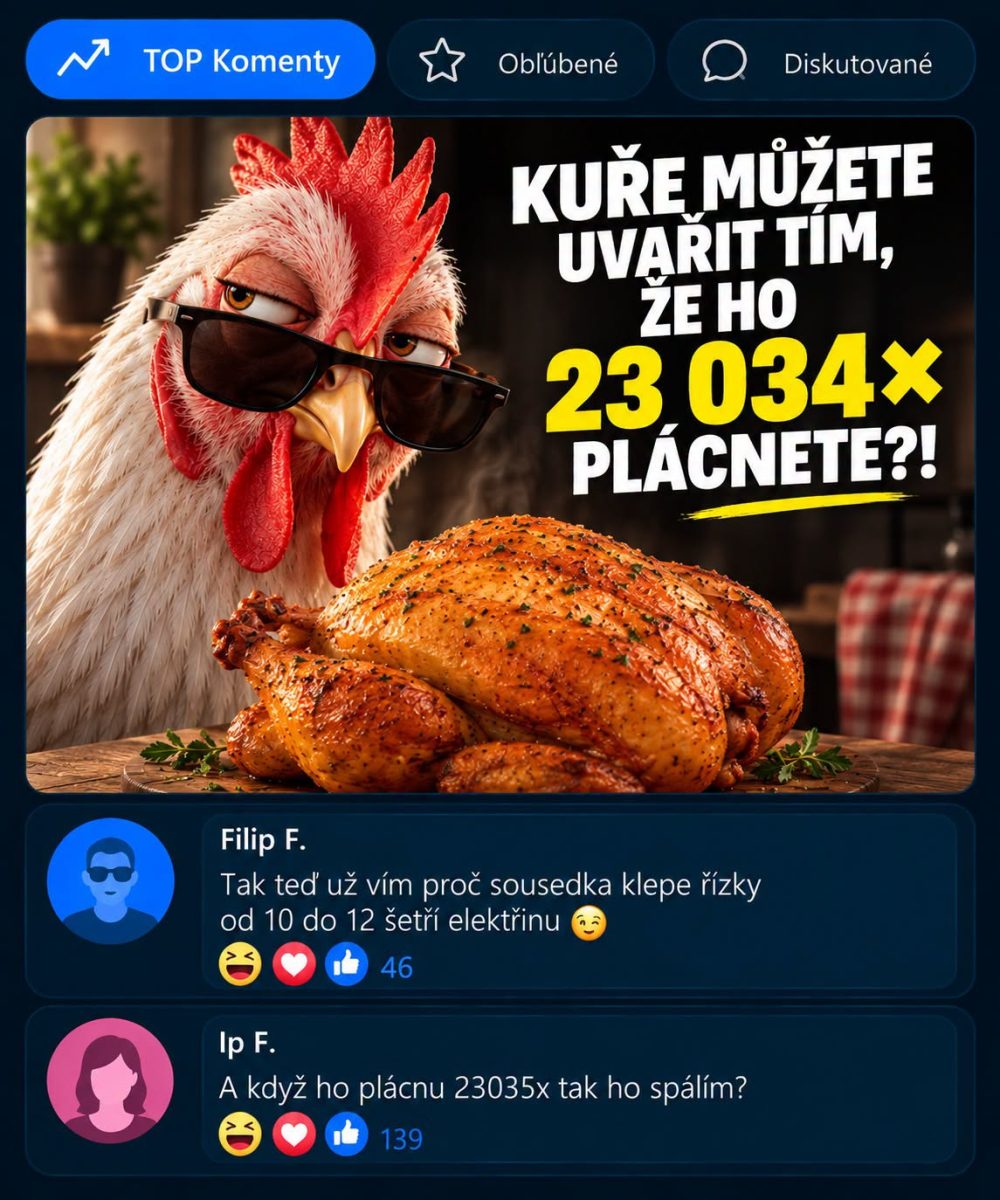 Zábavný obrázok kuraťa s okuliarmi a hotového pečeného kuraťa s vtipným textom o varení.