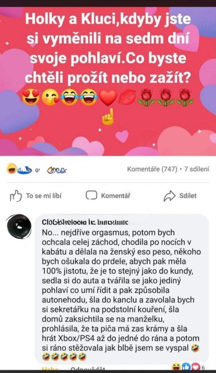 Text na obrázku kladie otázku, čo by ste zažili, keby ste na týždeň vymenili pohlavie.