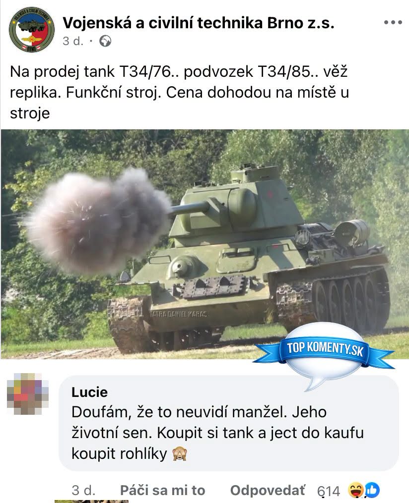Tank T34 na predaj, replika veže, funkčný stroj, cena dohodou. Výbuch z kanónu, príroda v pozadí.