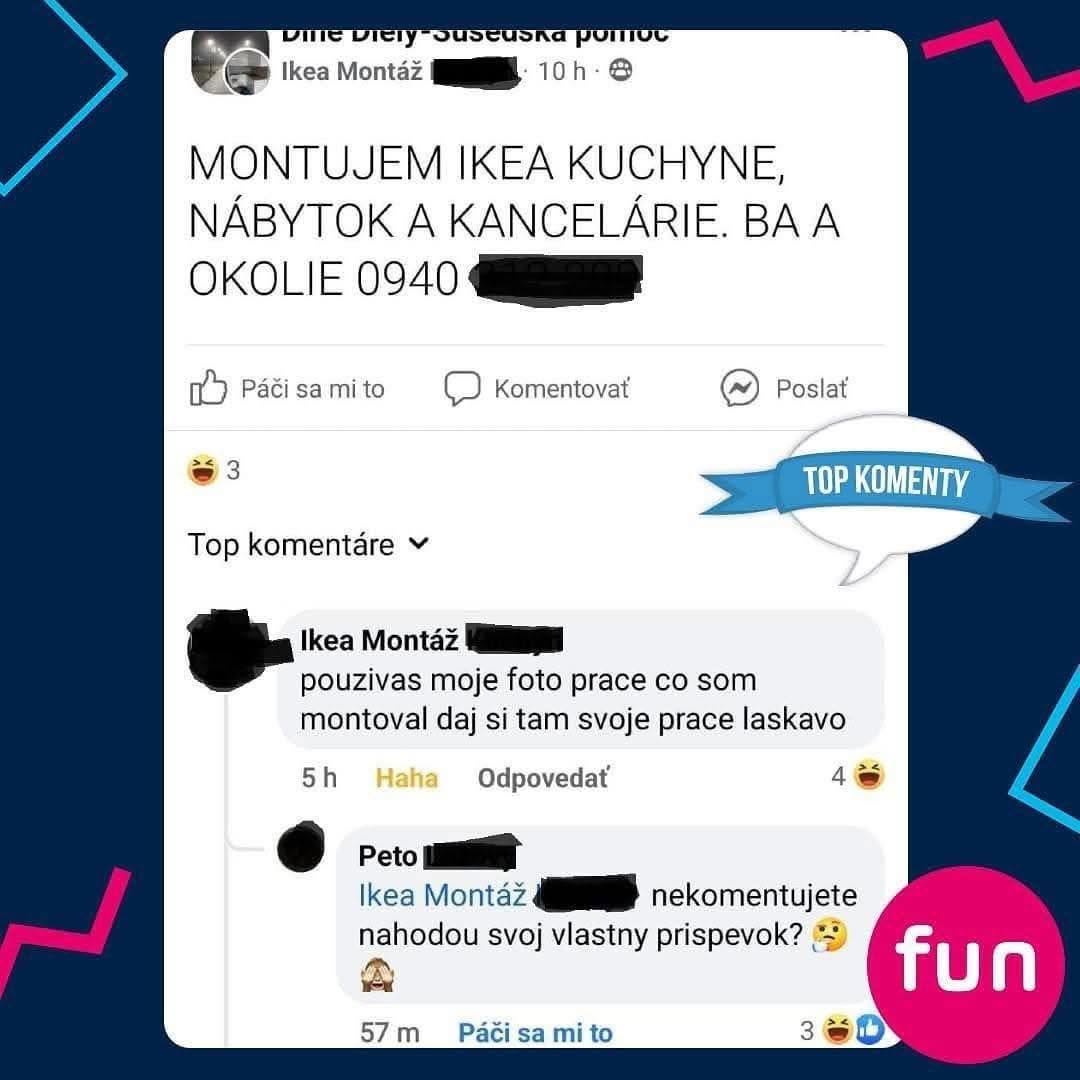 Vtipná konverzácia na Facebooku medzi užívateľmi o montáži IKEA nábytku s humorným komentárom o vlastnej fotke.