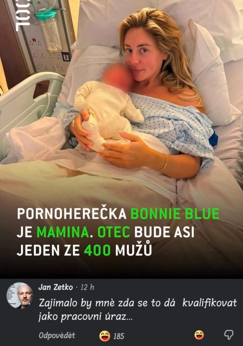 Žena s dieťaťom na nemocničnej posteli so zaujímavým popisom o otcovstve.
