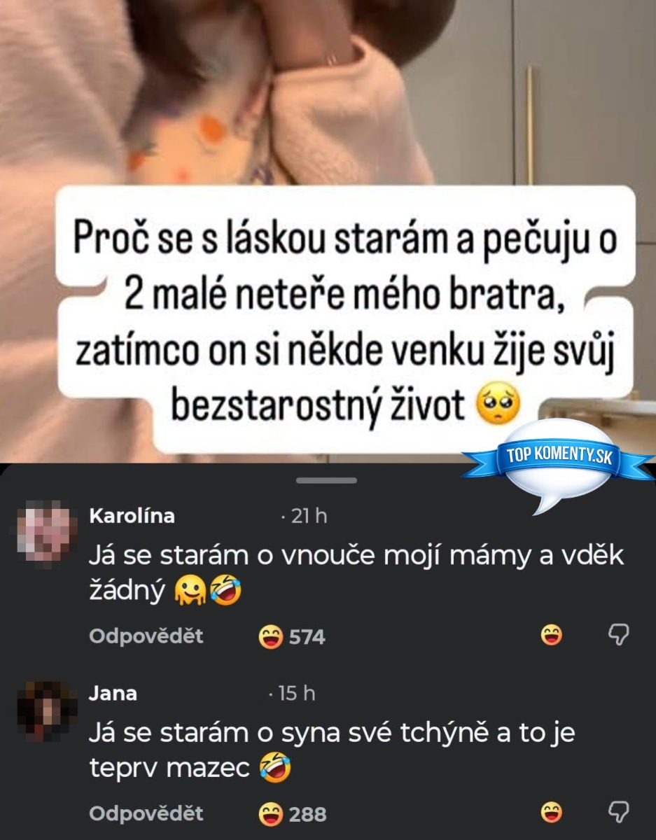 Žena sa stará o neter, zatiaľ čo brat užíva bezstarostný život; vtipné komentáre pod príspevkom.