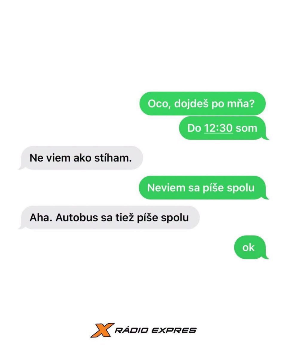 Screenshot vtipnej SMS konverzácie o pravopise a cestovaní autobusom. Rádio Expres.