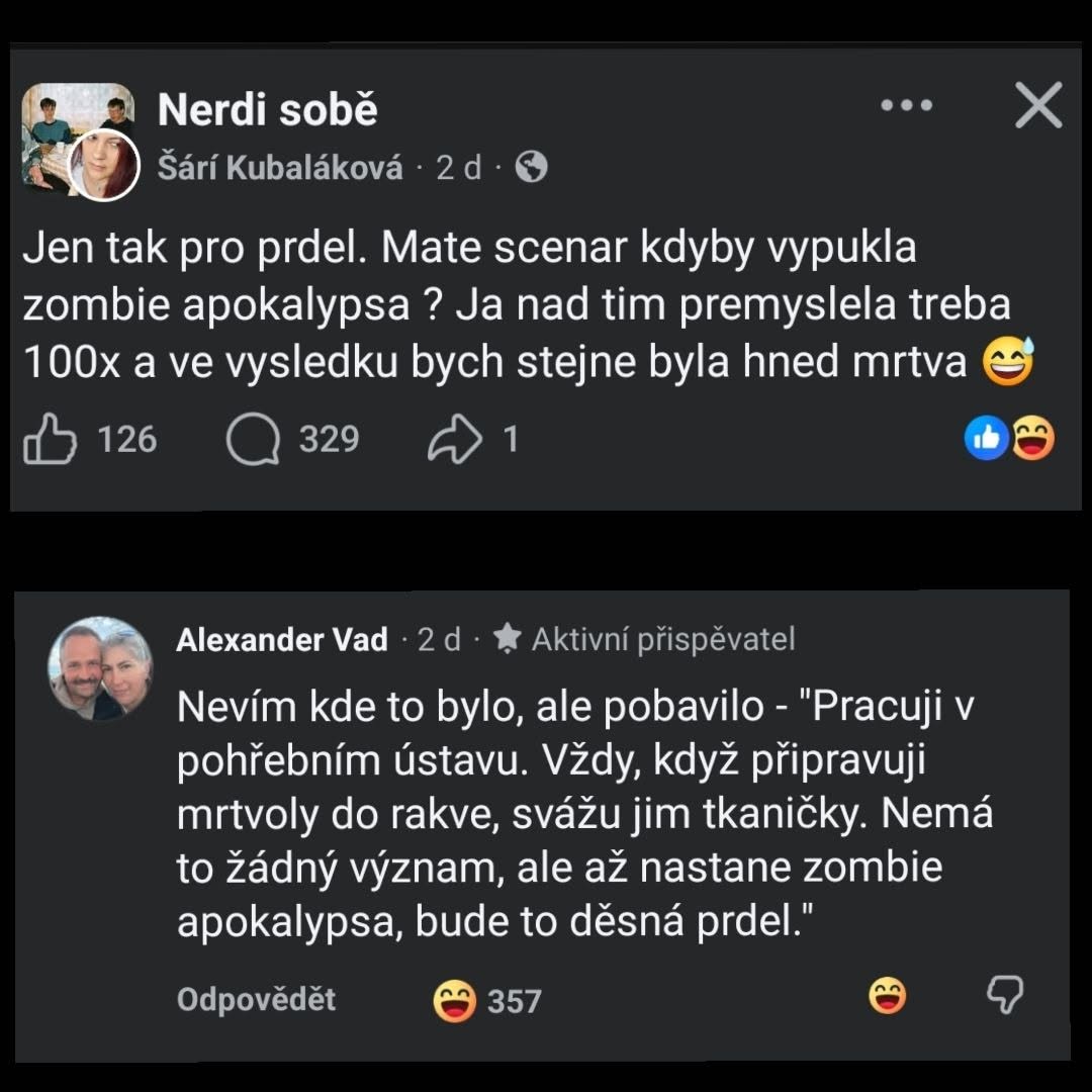 Diskusia na Facebooku o zombie apokalypse a vtipnom prístupe k pripútaniu mŕtvol v pohrebnom ústave.