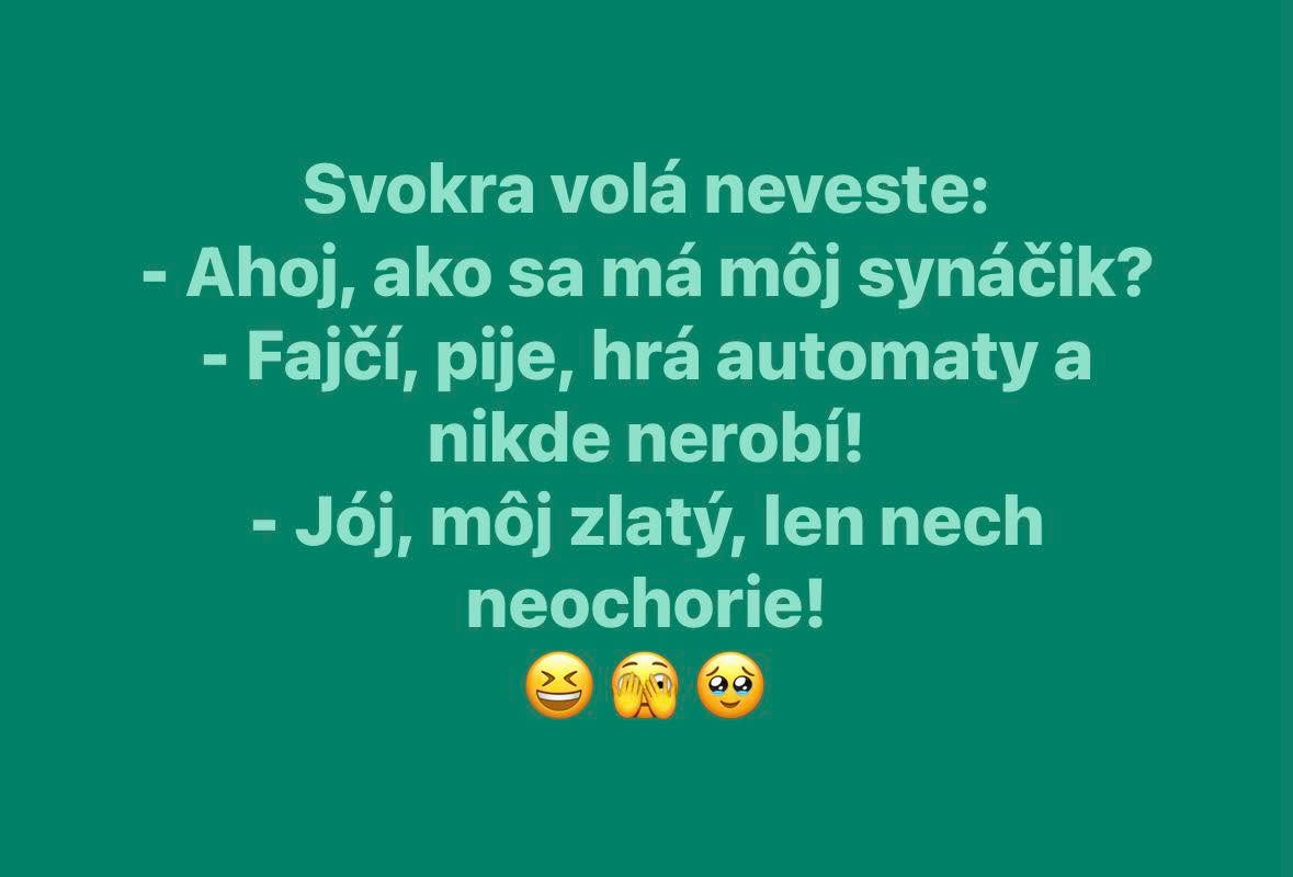 Svokra volá neveste, vtipná konverzácia o synovi: fajčí, pije, hrá automaty, nerobí. Reakcia: Hlavne nech neochorie! 😂🥺