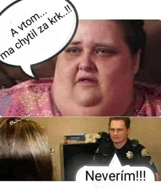 Osoba vyjadruje emócie v dialógu s policajtom, ktorý reaguje nedôverčivo.